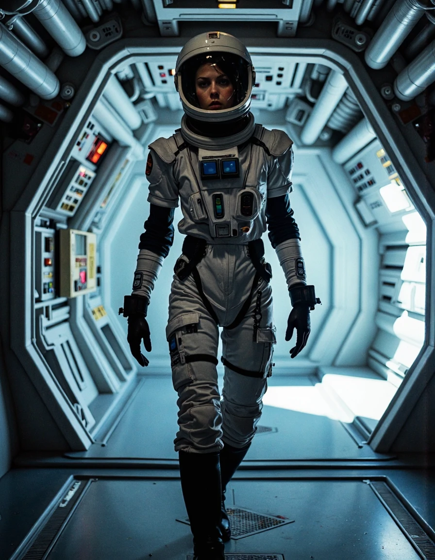 nostromo style woman wearing spacesuit, space helmet, in a spaceship hallway, overhead pipes, pipes along floor, ceiling decoration, control panels, buttons, switches, lights, science fiction, horror,
extremely detailed, sharp focus, sharp