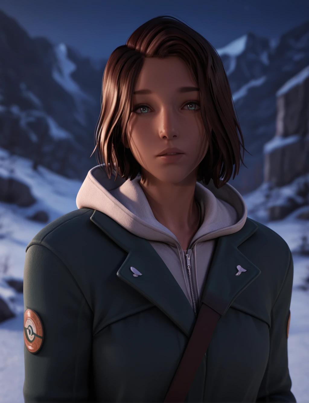 masterpiece,best quality,amazing quality,very aesthetic,absurdres,newest,scenery,highres,1girl, masterpiece, best quality, Maxine_DE, masterpiece, 1girl, solo, mountains, looking at viewer, blurry background, hood, upper body, jacket, dark, winter, night, <lora:MaxineDE_IL_v6:1>