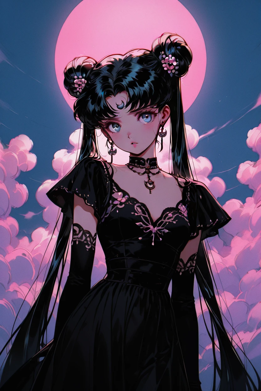 masterpiece, best quality, 1girl, solo, eyelashes, (beautiful eyes),   pink neon,  1girl, solo, long hair, looking at viewer, bangs, blue eyes, black hair, hair ornament, dress, twintails, jewelry, very long hair, collarbone, earrings, detached sleeves, sky, alternate costume, choker, cloud, hair bun, black dress, parted bangs, double bun, facial mark, moon, crescent, full moon, forehead mark, black sleeves, film grain, crescent earrings, crescent facial mark, tsukino usagi, long hair, looking at viewer, blue eyes, black hair, hair ornament, very long hair, flower, short sleeves, parted lips, detached sleeves, alternate costume, hair flower, hair bun, black dress, parted bangs, double bun, facial mark, lace, forehead mark, skirt hold, limited palette, crescent earrings, crescent facial mark, tsukino usagi  ,<lora:GothRetroIXL:1.0>,