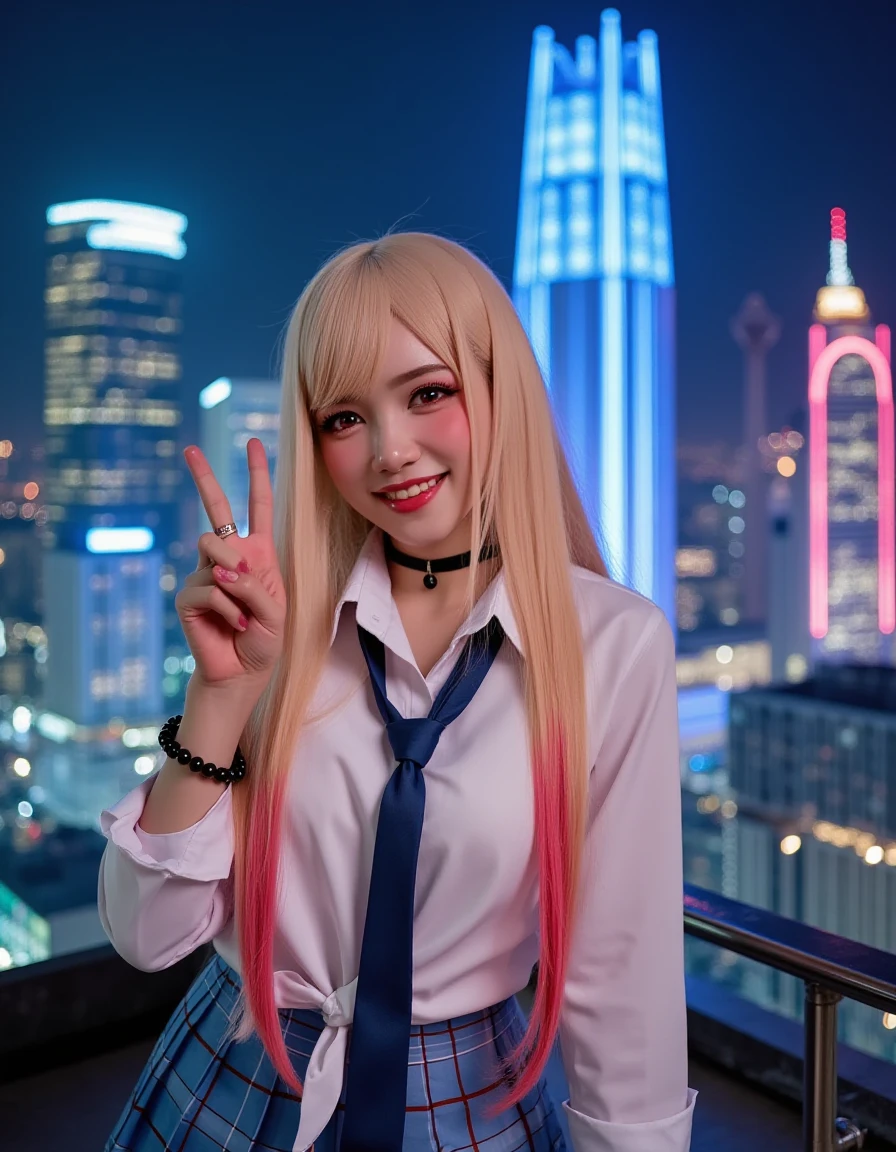 Ultrarealistic Photography, Mar1n_K1tagawa , cosplay, long hair, blonde hair, red eyes, piercing, earrings, ear piercing, stud earrings, black choker, loose necktie, school uniform, white collared shirt, pleated skirt, plaid skirt, bead bracelet, wrist scrunchie, long fingernails, peace hand sign , during the nigth, she is in a roof skyscrapers in the background, neon ligths blue and pink colors <lora:marin-kitagawa:1>