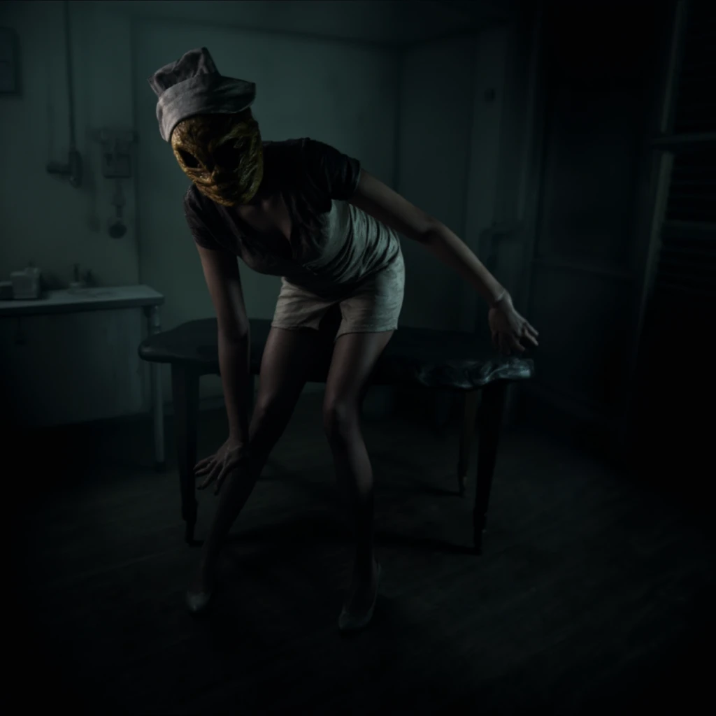 cinematic film still of <lora:Faceless Nurse Silent Hill style v1:0.9>
Faceless Nurse a creepy nurse woman is bending over upside down in a dark room, perfect image, perfect body, perfect anatomy, sharp image, detailed image, Kodak film, high quality photography, Faceless Nurse style, solo, table, ribs, skeleton, bone, horror (theme), shirt, standing, short sleeves, t-shirt, indoors, monster, operation room, medium shot, shallow depth of field, vignette, highly detailed, high budget, bokeh, cinemascope, moody, epic, gorgeous, film grain, grainy