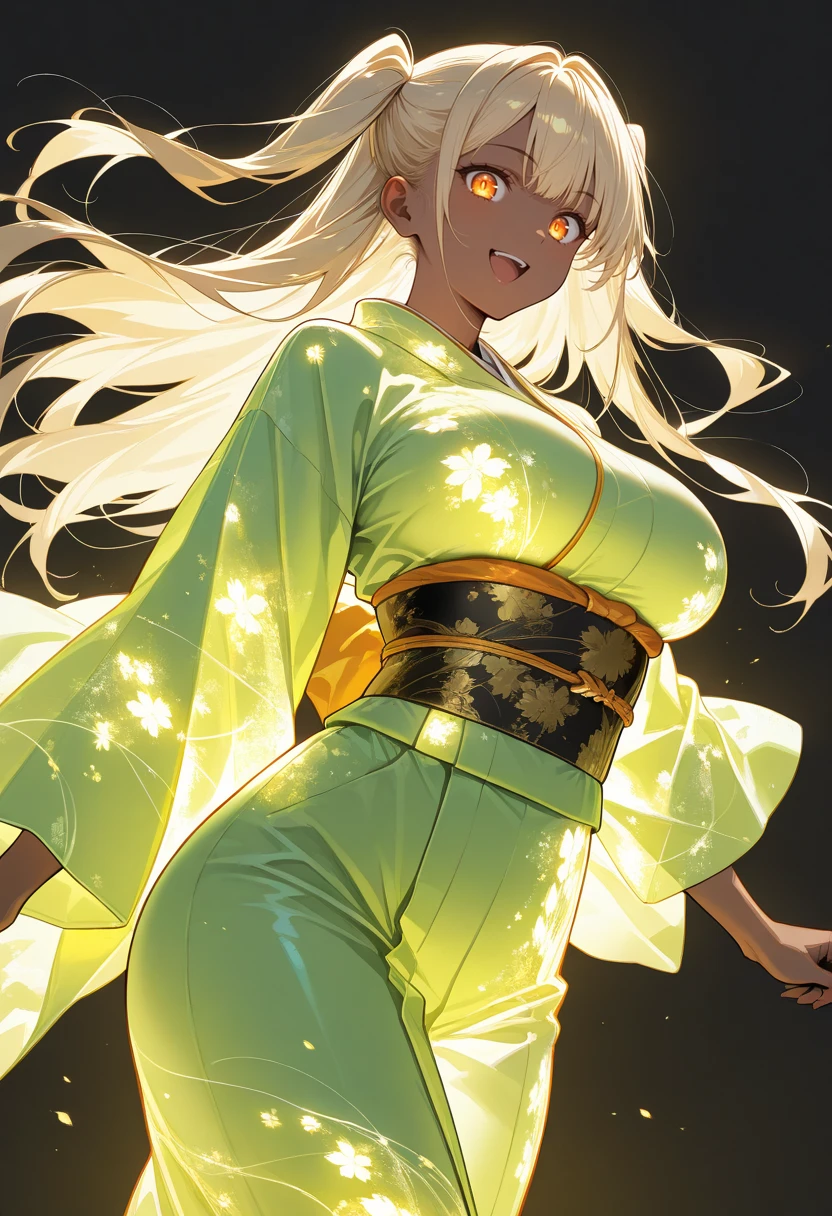 , masterpiece, best quality, perfect anatomy, very aesthetic, ((outlined outlined vector graphics)), cute face, (glow eyes:0.8), from below , looking at viewer ,simple background ,1girl, (focus female),
20yo, (large breast:1.2), orange eyes, (blonde hair:1.3),long hair, (two side up:1.1), (dark skin:1.6), dark skin girl, (tall:1.2), (abs:0.7),bangs,
,green kimono,kimono, smile, open eyes , action pose , open mouth, , glowing kimono, glittering <lora:glowing-kimono-il-01:1>