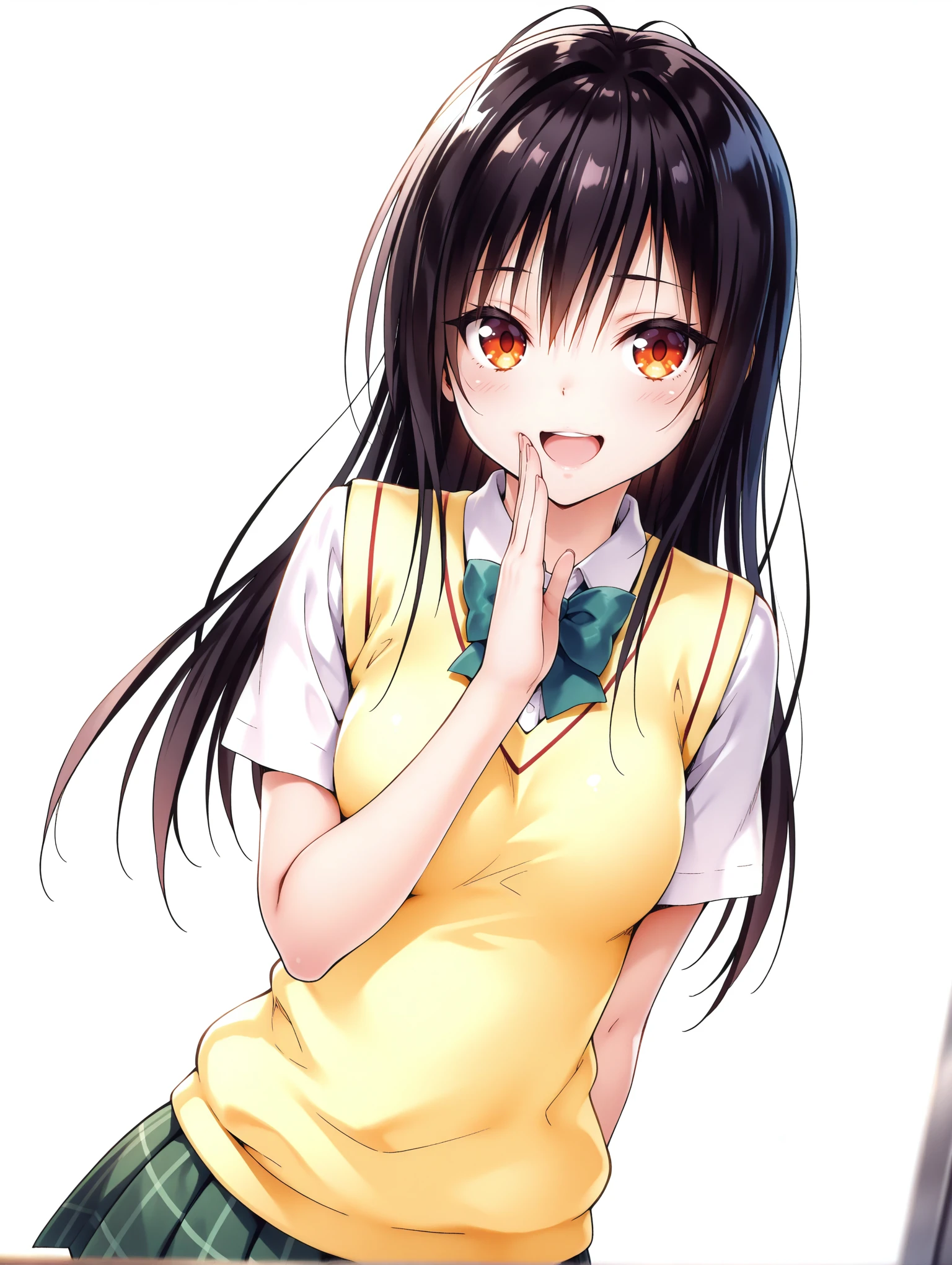 masterpiece,best quality,amazing quality,solo,1girl,
<lora:k_yui_ilxl_v1.1>,yui,black hair,long hair,orange eyes,y_clothes,short sleeve blouse,school uniform,sweater vest,green plaid skirt,
<lora:Fixhands_anime_bdsqlsz_V1:1>,dynamic_angle,simple_background,white background,looking_at_viewer,cinematic_angle,laughing,upper_body,face_focus,from_side,hand_on_own_,