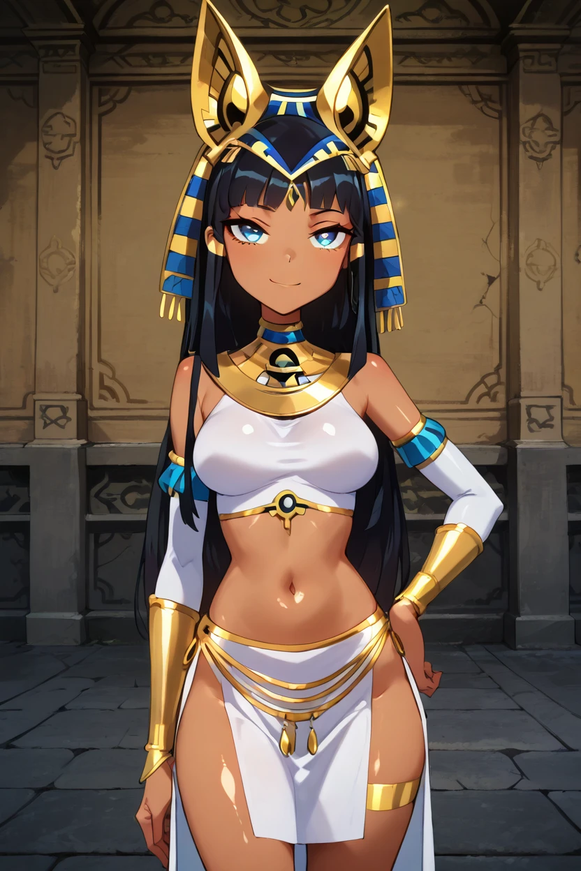 masterpiece, best quality, solo, curvy, beautiful eyes,,<lora:RamessesIXL:1.0>, zzRamesses, blue eyes, black hair, dark skin, pharaoh's headdress, jewelry, gold, white crop top, white pelvic curtain,cowboy shot, hand on hip, smug, smile, looking at viewer, shiny skin,<lora:TTitansStyleIXL:1.0>,