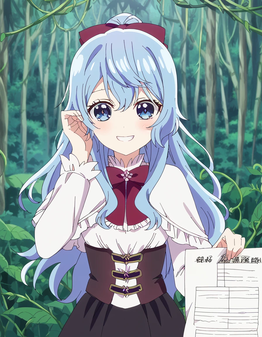 score_9, score_8_up, score_7_up, source_anime, <lora:liselotte-cretia-s2-ponyxl-lora-nochekaiser:1>, liselotte cretia, long hair, blue eyes, bow, blue hair, ponytail, hair bow, red bow, anime screencap,, dress, capelet, corset, frills, long sleeves, black skirt,, jungle, dense, wildlife, vines, green, smile, <lora:marriage-certificate-ponyxl-lora-nochekaiser:1> marriage certificate, marriage certificate (object), holding paper, paper, smile, teeth, looking at viewer, blush, <lora:tucking-hair-ponyxl-lora-nochekaiser:0.5>, tucking hair, adjusting hair, hand on own hair, hair behind ear,, cowboy shot,, looking at viewer, solo,, cowboy shot