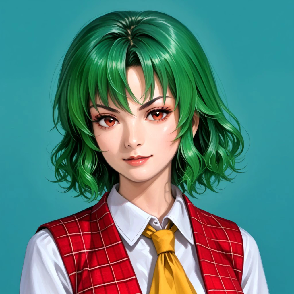 ((RTKXI style)), (145), ((portrait)), ((painted)), ((realistic)), simple background, upper body, 1girl, solo, looking at viewer, ((kazami yuuka)), (green hair), (short hair), (red eyes), white shirt, red vest, yellow ascot, long sleeves, plaid vest, red skirt, collared shirt, plaid skirt