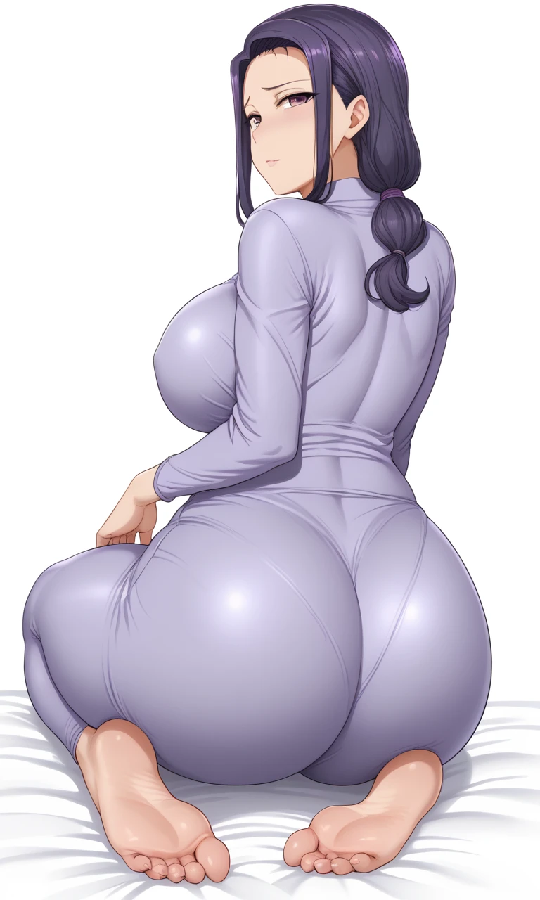 nsfw, KodachiKunou, solo, standing, large_breasts, jumper V Neck Onesie Pajamas Jumpsuit Romper Bodysuit with Drop Seat Butt Flap, ((open butt flap)), turned around, presenting butt, showing ass, masterpiece, best quality, detailed face, detailed eyes, highres,
