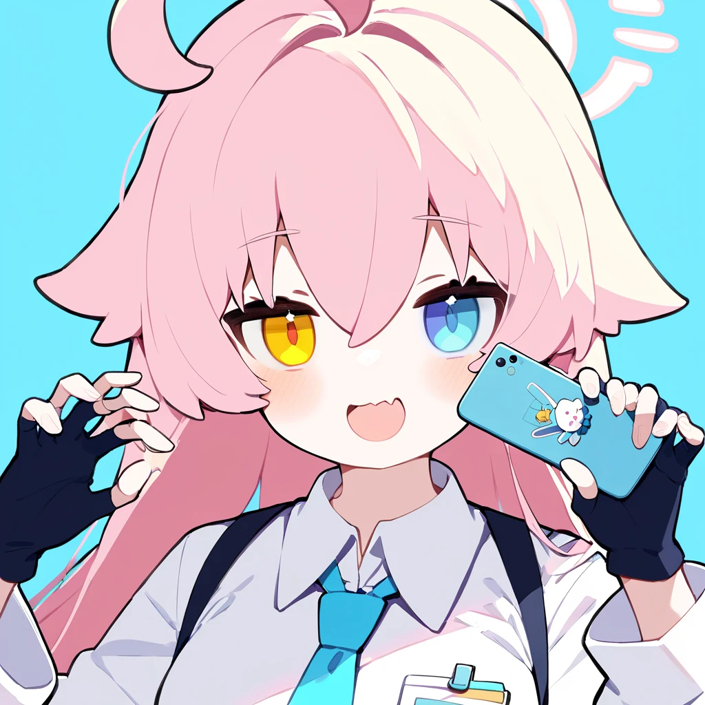 1girl, ahoge, bangs, blue background, blue bow, blue eyes, blush, cellphone, collared shirt, eyebrows visible through hair, fang, fingerless gloves, gloves, hair between eyes, heterochromia, holding, holding phone, long hair, open mouth, phone, pink hair, shirt, skin fang, smartphone, smile, solo, white shirt, yellow eyes,masterpiece, best quality, very aesthetic, absurdres,,simple background, solo, virtual youtuber, looking at viewer,upper body,(pekeko \(pepekekeko\):0.4),   <lora:pekeko-v1:0.8>