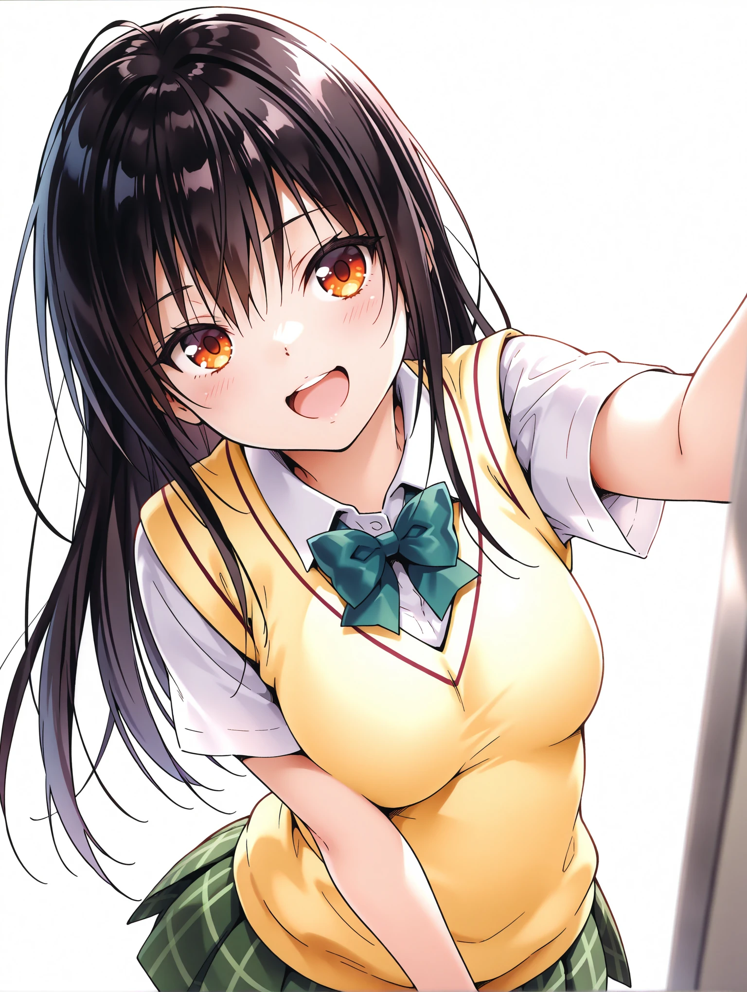 masterpiece,best quality,amazing quality,solo,1girl,
<lora:k_yui_ilxl_v1.1>,yui,black hair,long hair,orange eyes,y_clothes,short sleeve blouse,school uniform,sweater vest,green plaid skirt,
<lora:Fixhands_anime_bdsqlsz_V1:1>,dynamic_angle,simple_background,white background,looking_at_viewer,cinematic_angle,laughing,upper_body,face_focus,from_side,hand_on_own_,