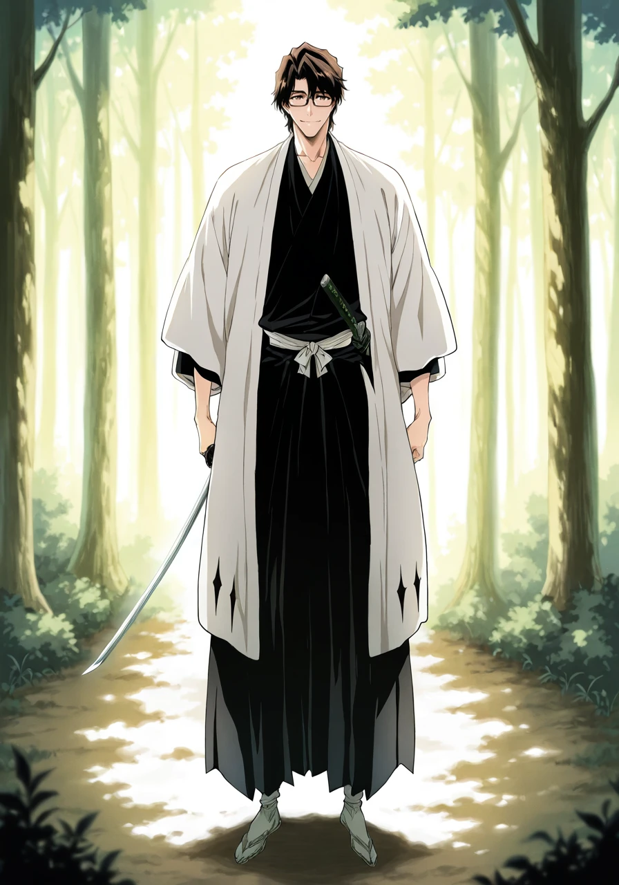 amazing quality,very aesthetic,illustration,absurdres,best quality,newest,masterpiece,4k resolution,
forest,
male focus,Aizen_Sousuke,1boy,solo,brown hair,brown eyes,
Captain's Robe,haori,black hakama,glasses,Black Kimono,
smile,holding a katana in his hands,green hilt,
cinematic_angle,looking_at_viewer,<lora:Aizen_Sousuke_Illustrious>,