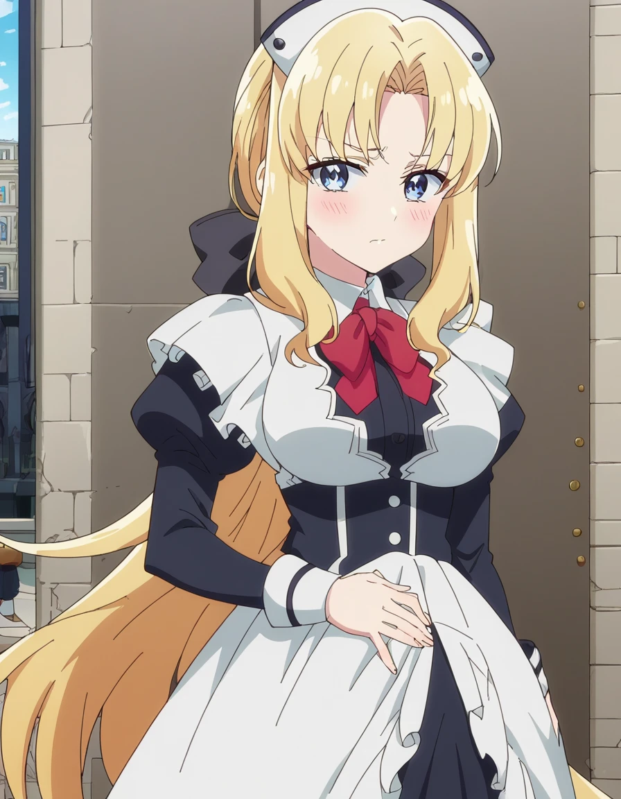 score_9, score_8_up, score_7_up, source_anime, <lora:seireigensouki-cosette-s2-ponyxl-lora-nochekaiser:1>, cosette, long hair, bangs, blue eyes, blonde hair, very long hair, parted bangs, large breasts, anime screencap,, long sleeves, dress, bow, puffy sleeves, bowtie, red bow, maid, maid headdress, juliet sleeves,, apartment, building, rooms, residents, balconies, , hand on stomach, blush,, looking at viewer, solo,, cowboy shot