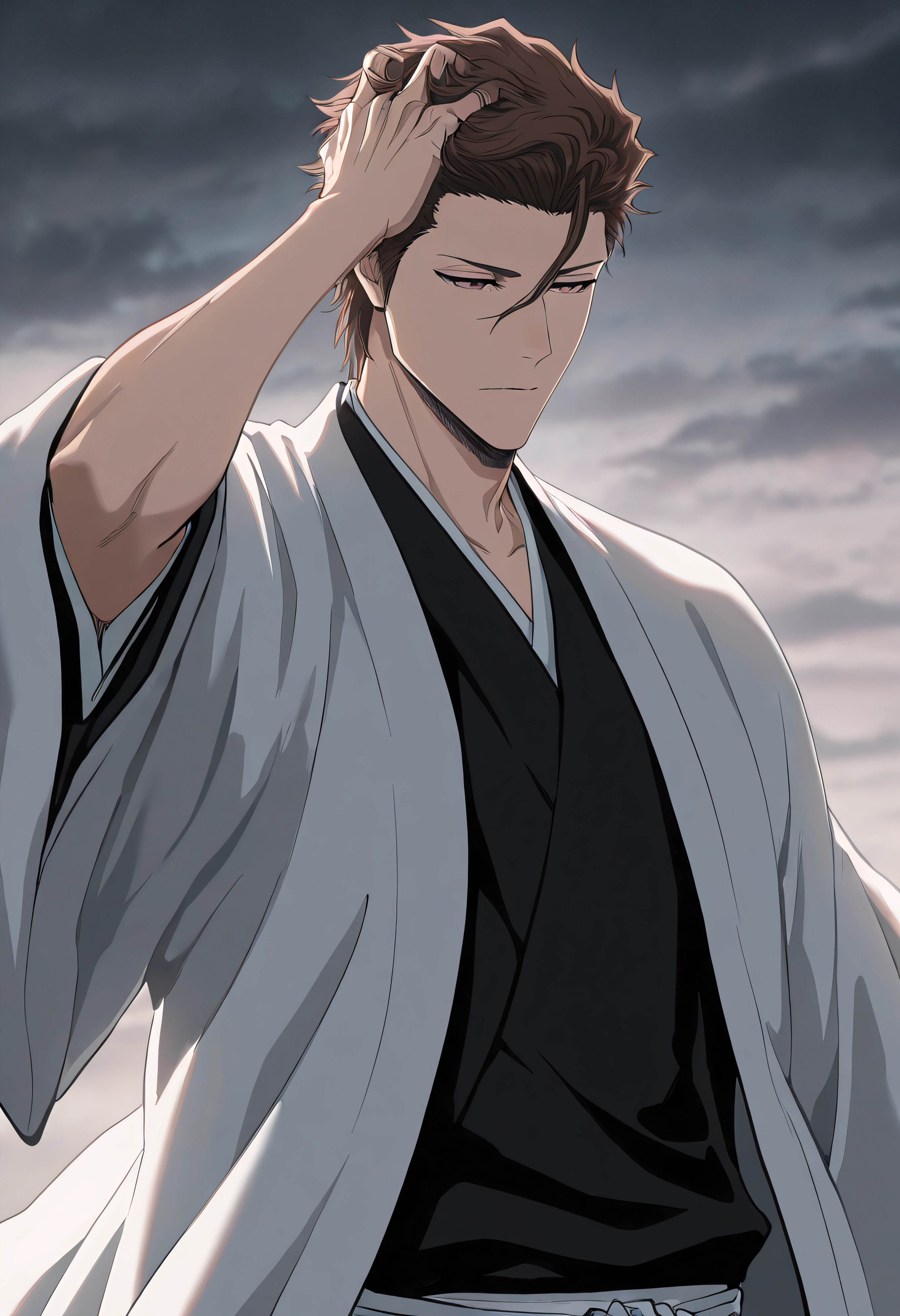 masterpiece, best quality, amazing quality, very aesthetic, absurdres, newest, (scenery, volumetric lighting),
aizen sousuke, solo, simple background, brown hair, 1boy, upper body, vslinxaizen_arrancar, male focus, close-up, japanese clothes, kimono, grey background, hand in own hair, haori, hand on own head, manga
masterpiece, best quality, amazing quality, very aesthetic, absurdres, newest, (scenery, volumetric lighting)