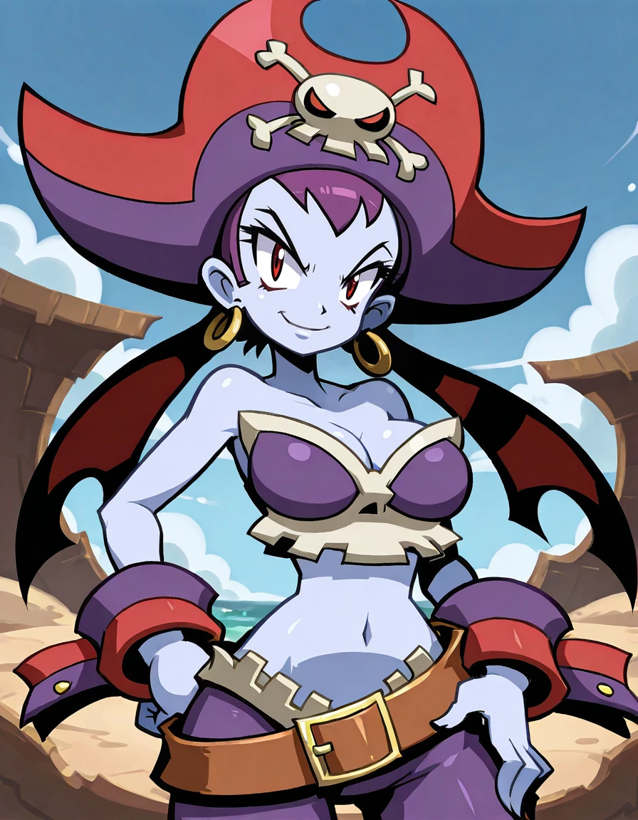 <lora:RiskyBootsIllustrious1.0JLFO:1> risky boots, 1girl, solo, purple hair, breasts, cleavage, red eyes, tube top, long hair, jewelry, pirate hat, smile, medium breasts, pirate, hoop earrings, midriff, belt, wrist cuffs, bare shoulders, looking at viewer,hand on hip, cowboy shot,outdoors, blue sky, evil smile,