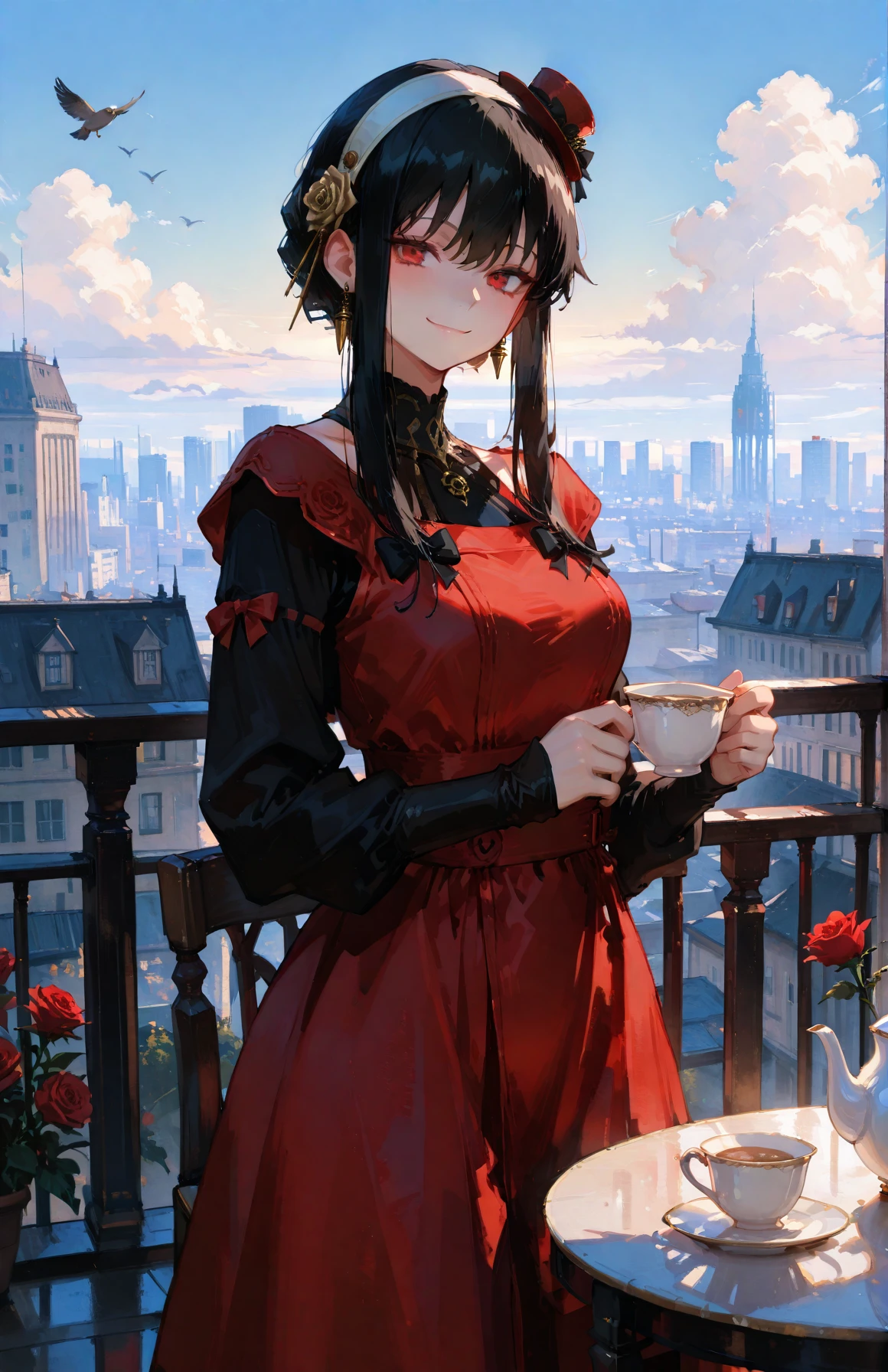 perfect quality,high quality,masterpiece,best quality,amazing quality,very aesthetic,absurdres,Cinematic Lighting,newest,Tactical use of shadow,
yor briar_cyql,1girl,solo,black hair,long hair,sidelocks,hairband,white hairband,red eyes,jewelry,earrings,
scenery,reddress,dress,hat,fromabove,cityscape,cup,teacup,sky,table,window,balcony,bird,day,detachedsleeves,bow,building,outdoors,railing,cloud,teapot,lookingatviewer,flower,city,holding,standing,minihat,bluesky,checkeredfloor,redbow,redheadwear,sleeveless,blackbow,closedmouth,sleevelessdress,rose,longsleeves,smile,sitting,tophat,chair,
<lora:yor briar_Illustrious by Cyql:1>,748cmstyle,EtherStyle,<lora:96YOTTEA-WAI:0.3>,<lora:EtherSDXL:0.4>,<lora:illustrious_all_rated_v1:0.5>,<lora:spo_sdxl_10ep_4k-data_lora_webui:0.6>,<lora:ponyv5_noobV065S_1_adamW:0.7>,<lora:748cmSDXL:0.8>,