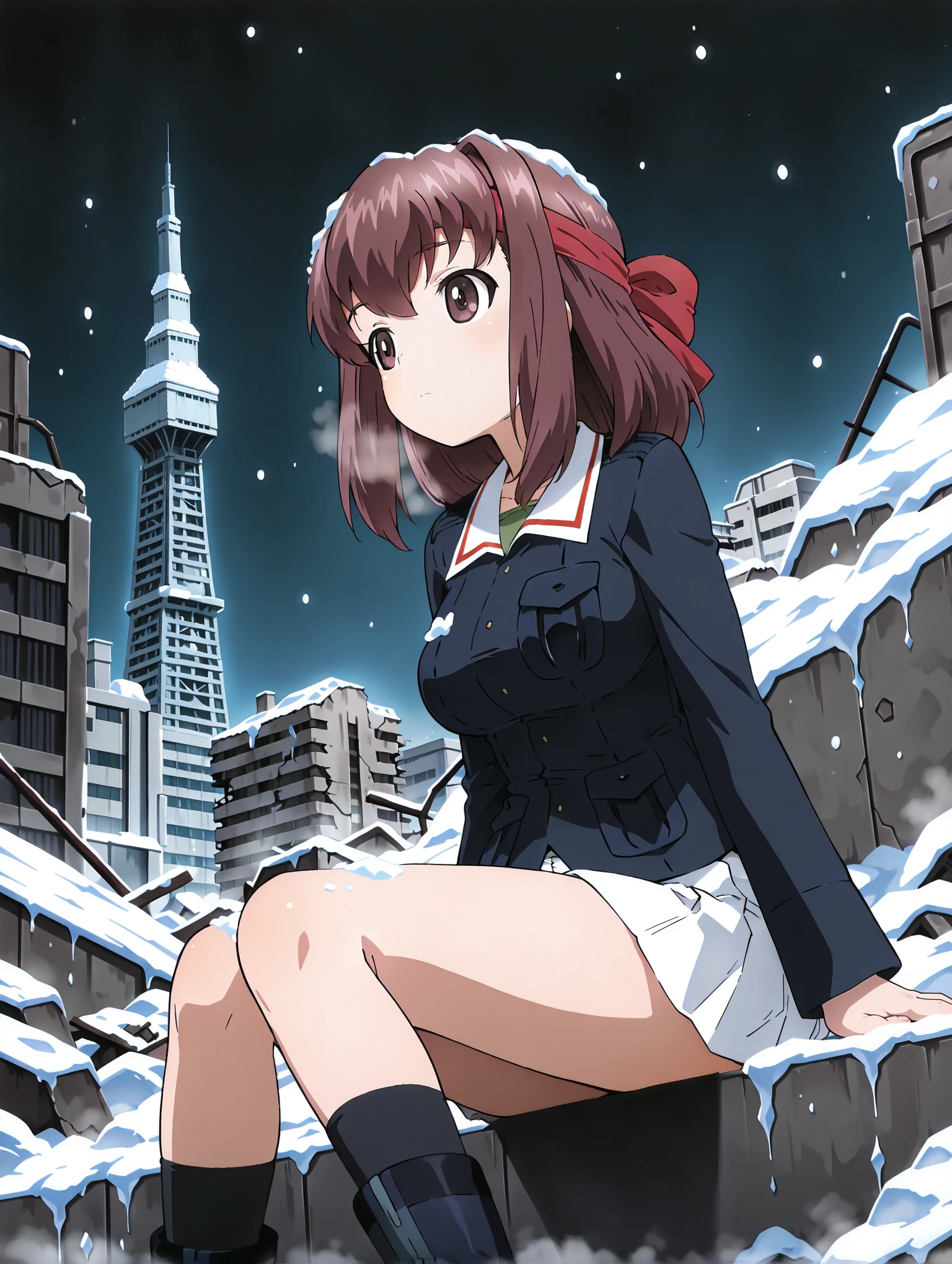 masterpiece,best quality,amazing quality,solo,1girl,
<lora:k_taeko_ilxl_v1.1:1>,taeko,p_gs,jacket,long sleeves,ooarai military uniform,white pleated skirt,black socks,boots,
<lora:Fixhands_anime_bdsqlsz_V1:1>,city,expressionless,night,snow,ice,portrait,looking_up,rubble_ruins,tower,looking ahead,panorama,
