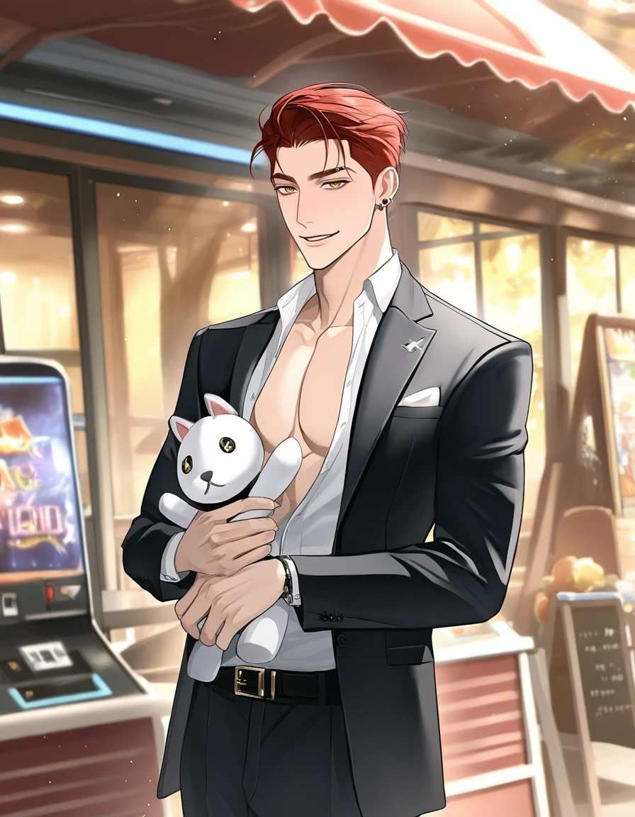 masterpiece, best quality, absurdres,  1boy, solo, BREAK male focus, yellow eyes, (short red hair, hair slicked back), formal, suit, piercing, earrings, black pants, belt, open shirt, smirk, BREAK outdoors, arcade, cowboy shot, holding stuffed animal, looking at viewer, whisper of the shade, ikemenboys,  <lora:IkemenBoys_Illustrious:0.95>