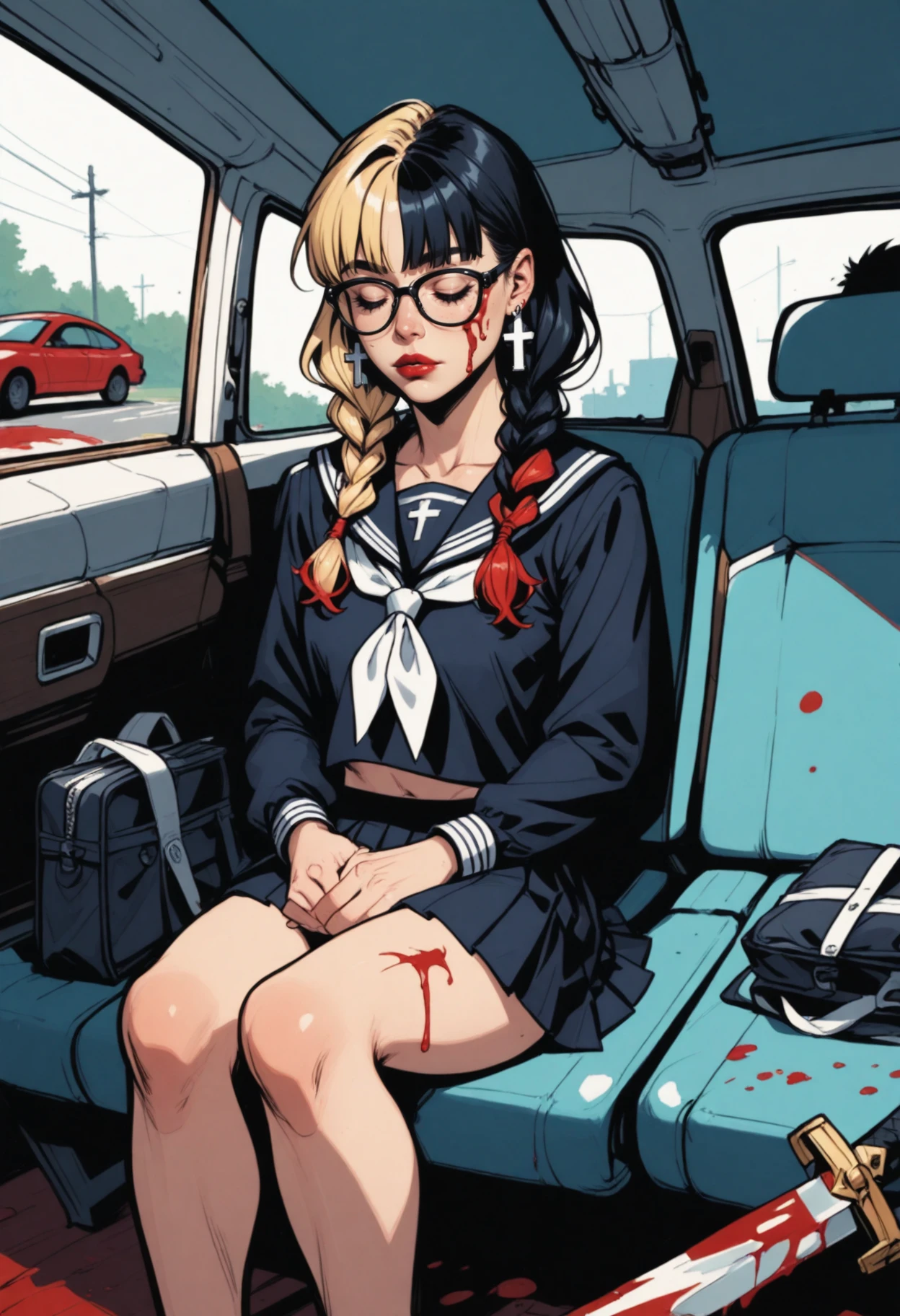 two-tone hair, twin braids, braid, weapon, earrings, jewelry, sword, multicolored hair, school uniform, blonde hair, black hair, blood, closed eyes, glasses, skirt, serafuku, black serafuku, black skirt, motor vehicle, sitting, sailor collar, neckerchief, solo focus, long hair, black sailor collar, bag, 1girl, pleated skirt, sleeping, car, white neckerchief, black-framed eyewear, school bag, cross, cross earrings, black shirt, shirt, split-color hair, own hands together, multiple girls, long sleeves, shoes, corpse, blood on face, multiple others, closed mouth, parted lips, multiple boys, death, red lips, miniskirt, hair over shoulder, collarbone, day, car interior, bare legs, midriff peek, window, feet out of frame, nose, outdoor 
 <lora:commixv3-i:1> commix