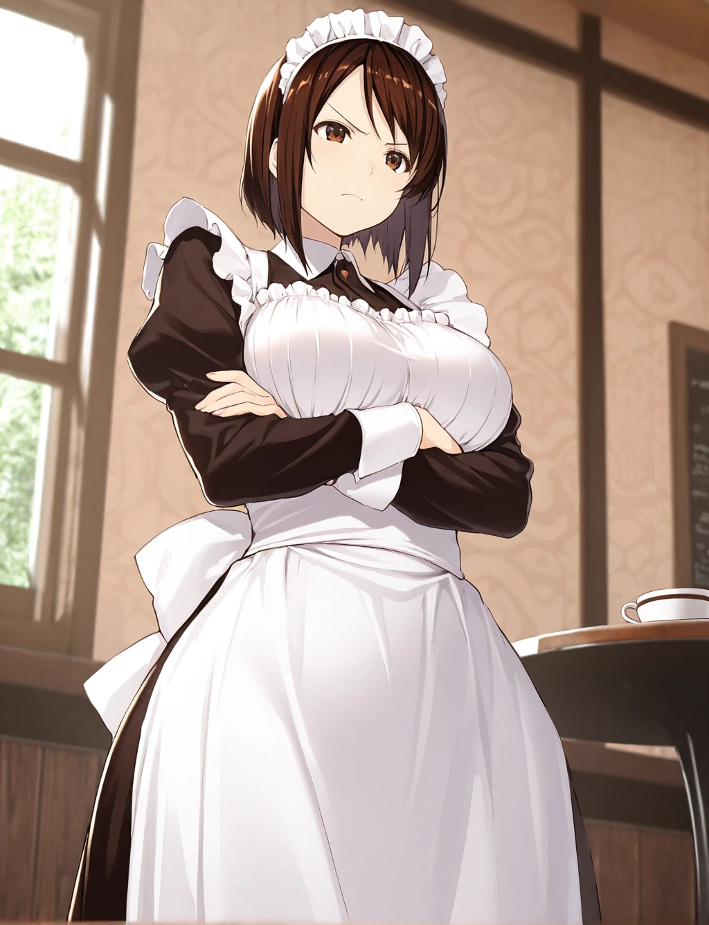 masterpiece,best quality, solo, 1girl, solo, solo, ((cafe background, cafe, tables, windows, walls)), Kagome_LMR, maid outfit, wide hips, annoyed, saturated, crossed hands, low angle, beautiful lighting,<lora:illustrious_very_aesthetic_v1:0.7>, <lora:Kagome_IL_v1:0.8>