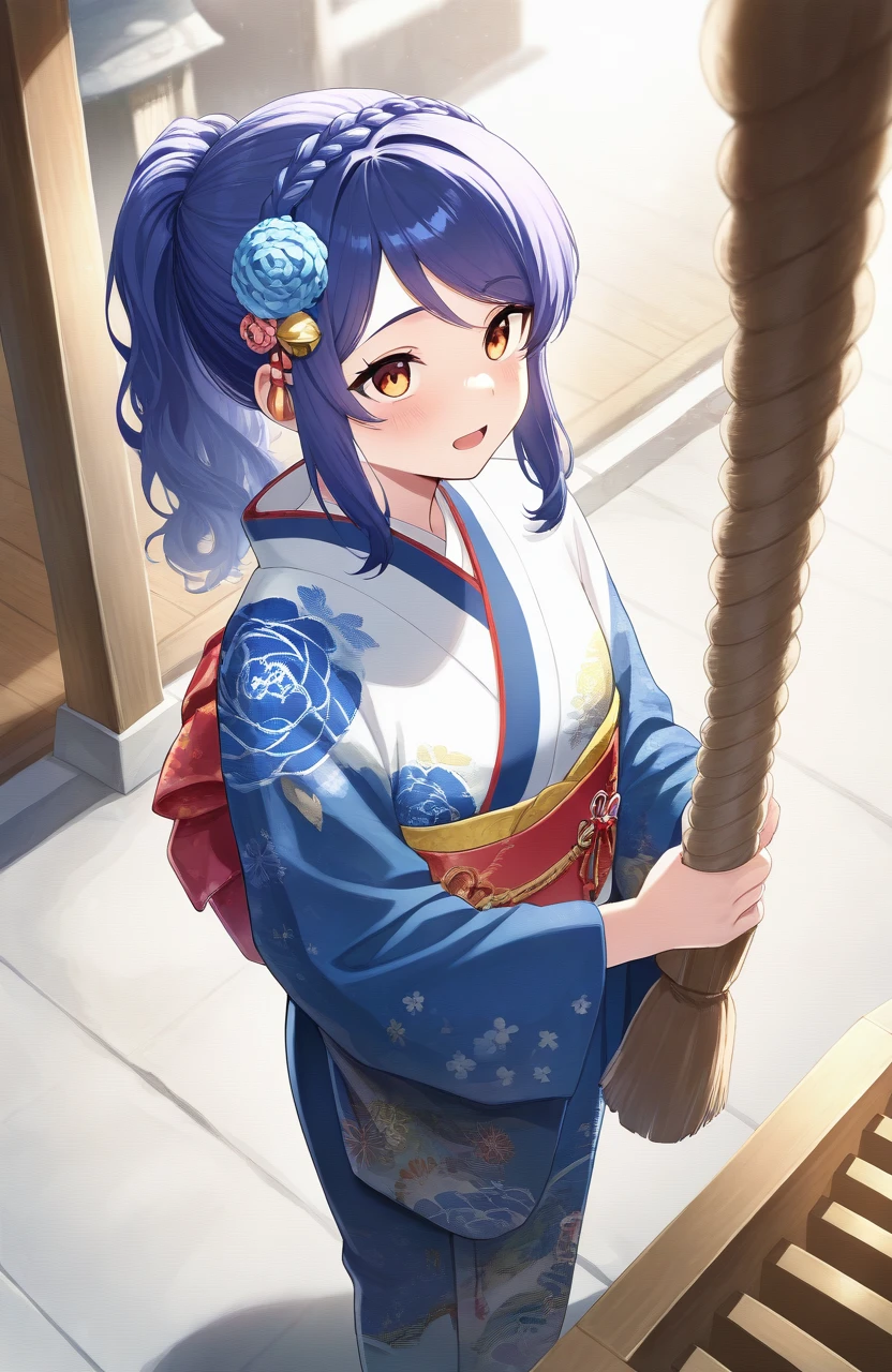 masterpiece,best quality,amazing quality,very aesthetic,absurdres,newest,impactful picture,offcial art,movie perspective,
lobelia \(doa\),ponytail, wavy_ponytail, french braid, crown braid,
hrine bell, japanese clothes, kimono, hair flower, print kimono, furisode, rope, outdoors, shrine, standing, new year, shimenawa, hatsumoude, donation box, holding,
dutch angle, fisheye lens, looking up, purple hair, orange eyes,despair, cafe, open mouth, high ponytail hair,
<lora:shrinebell_Illust_v1:0.8> <lora:doa_lobelia_noobxl_vpred10_v10:0.9>