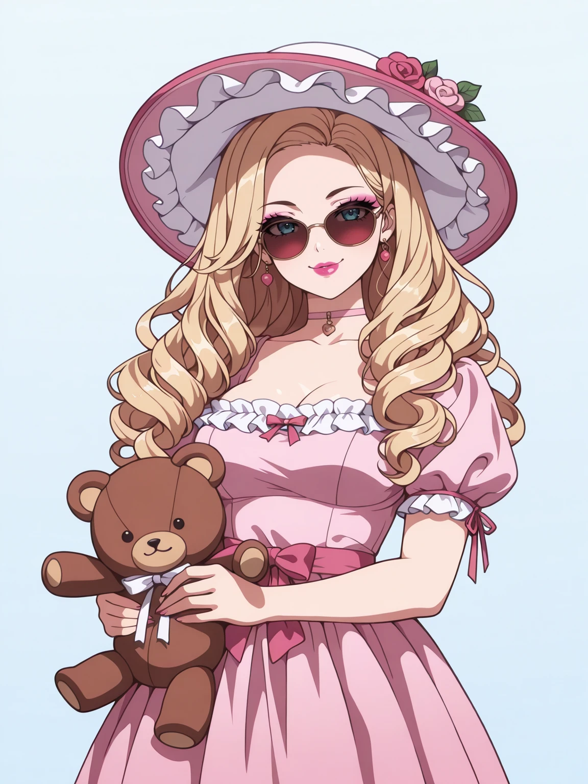 Masterpiece,best quality,1girl,solo,vector art,looking at viewer,smile,puffy lips,lipstick,makeup,eyelashes,double eyelids,choker,ribbon,blonde,sunglasses,
edgBisqueDoll, a doll with a pink dress and a hat ,wearing edgBisqueDoll_clothing,edgBisqueDoll_hair,edgBisqueDoll_face,edgBisqueDoll_body, cowboy shot,holding teddy bear,
 <lora:edgBisqueDollILS:1>