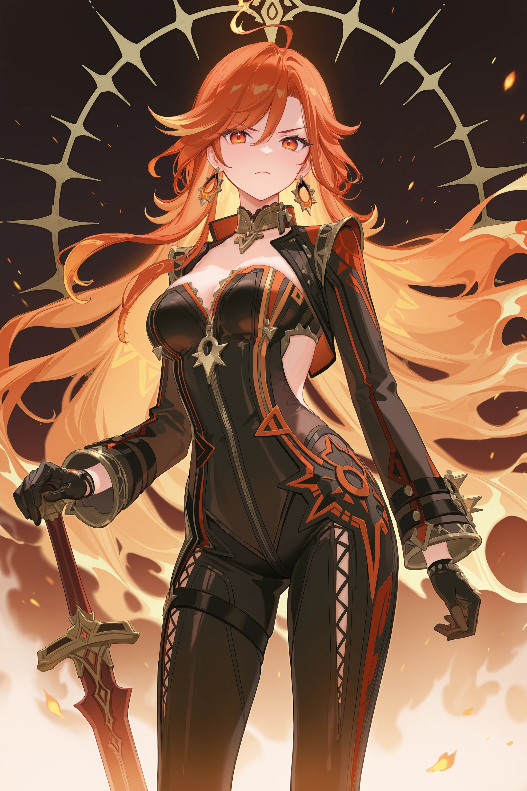1girl, mavuika \(genshin impact\), earrings, black bikesuit, black gloves, shrug \(clothing\), metal collar, cowboy shot, fire, fiery hair, embers, looking at viewer, floating hair, glaring, hand on hilt, sword , <lora:Char-Genshin-Mavuika-V2-IL:0.9:hr=0.2>
masterpiece, best quality, amazing quality, very aesthetic, absurdres, perfect features, perfect body, intricate details, volumetric lighting, (atdan:0.91), (zhibuji loom:0.91), (mignon:0.95), (ask \(askzy\):0.86), (ciloranko:0.95)