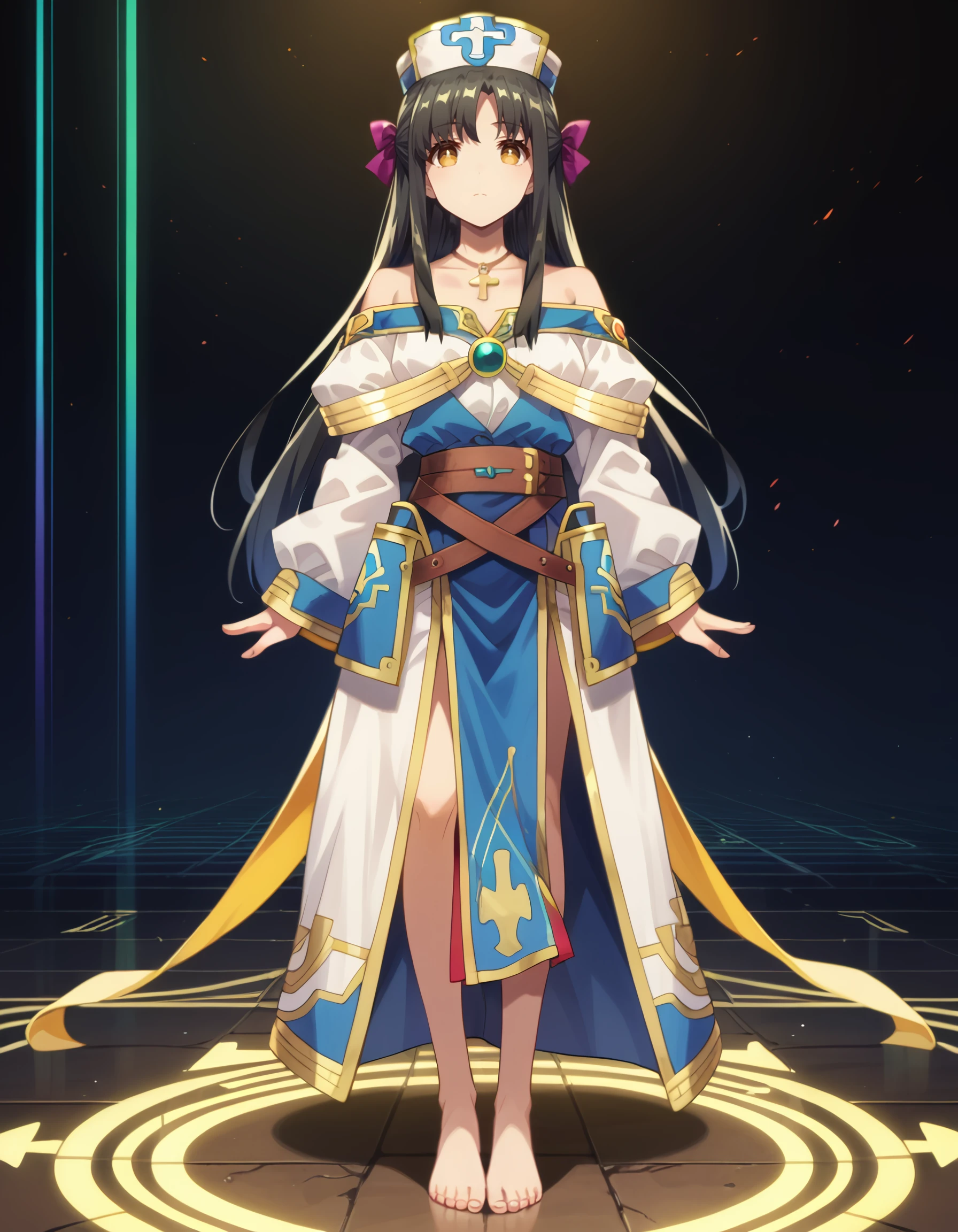 score_9, score_8_up, score_7_up,source_anime, <lora:Arifureta_Shokugyou_de_Sekai_Saikyou_-_ kaori_shirasaki:1> score_9, score_8_up, score_7_up,source_anime, rating:safe, kaori_shirasaki, long_hair, black_hair, hat, brown_eyes, yellow_eyes, jewelry, necklace, long_sleeves, off_shoulder, robe, cross neon_palette, neon_lights, colorful, neon_trim, (nardack:1.1), 1girl, angel, barefoot, full_body, looking_at_viewer, personification, rainbow, solo, standing, masterpiece, detailed, best_quality