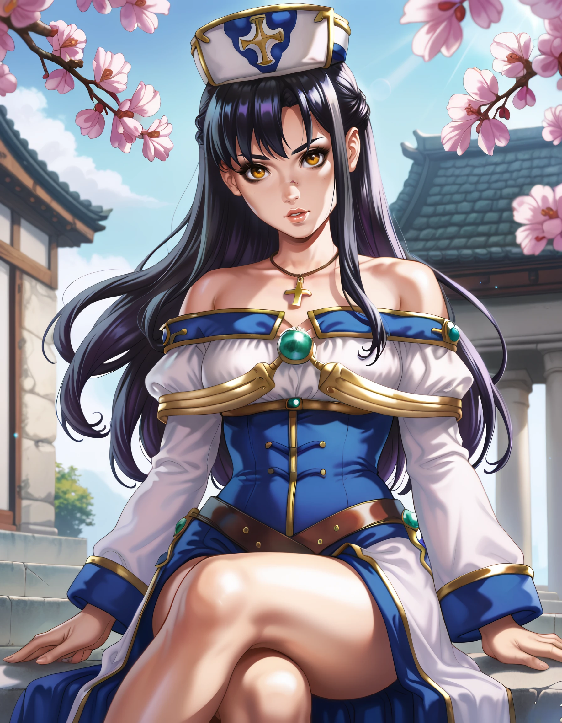 score_9, score_8_up, score_7_up,source_anime, <lora:Arifureta_Shokugyou_de_Sekai_Saikyou_-_ kaori_shirasaki:1> score_9, score_8_up, score_7_up,source_anime, rating:safe, kaori_shirasaki, long_hair, black_hair, hat, brown_eyes, yellow_eyes, jewelry, necklace, long_sleeves, off_shoulder, robe, cross lens_flare, floating_hair, floating_clothes, (dandonfuga:1.3), 1girl, arm_at_side, bare_shoulders, cherry_blossoms, feet_out_of_frame, gem, hand_up, jewelry, looking_at_viewer, object_through_head, parted_lips, purple_gemstone, screw, screw_in_head, sitting, solo, stitches, underbust, weapon, weapon_on_back,  masterpiece, detailed, best_quality