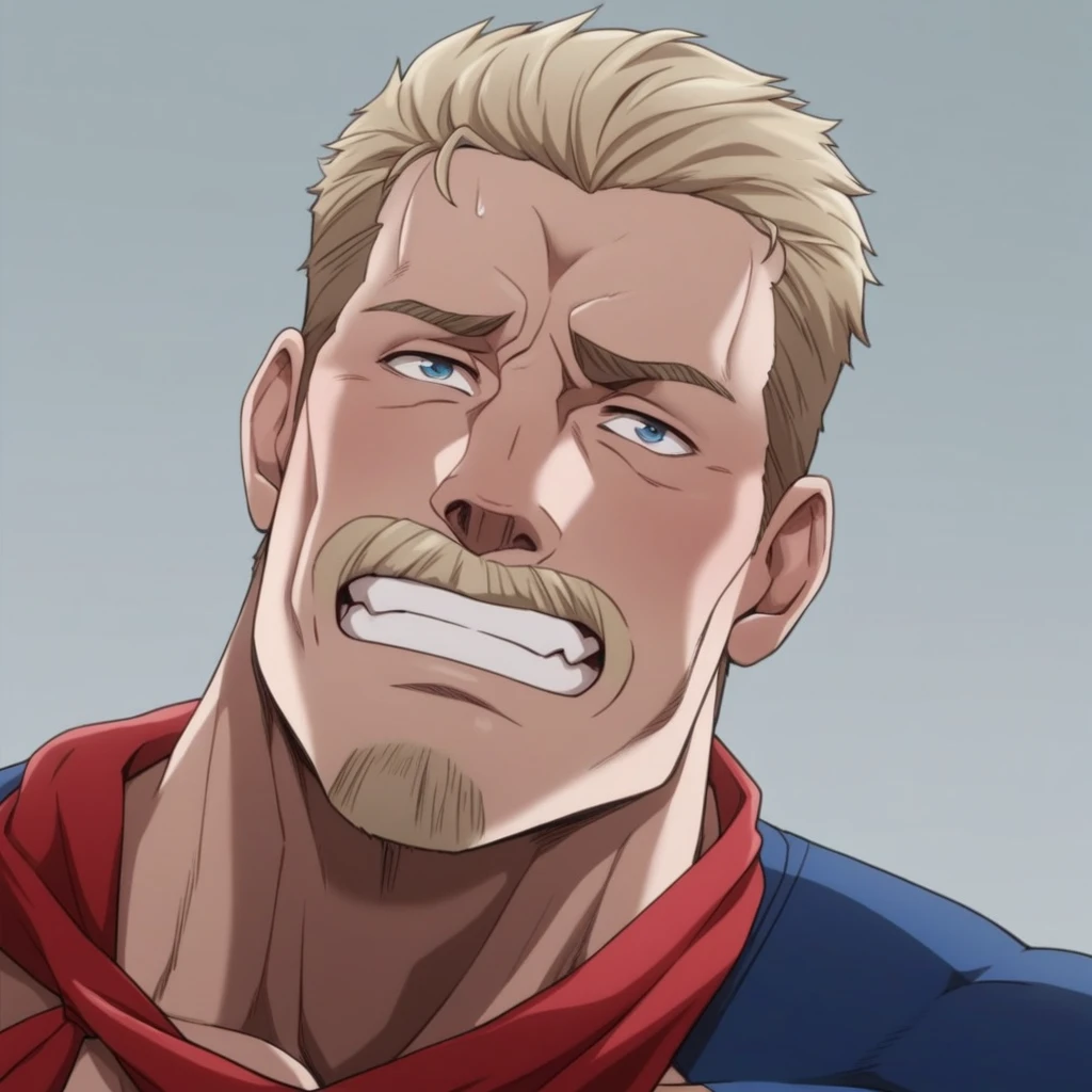 score_9, score_8_up, score_7_up, score_6_up, score_5_up, score_4_up, intricate detail, high quality, masterpiece BREAK captaintennille, manly, muscular male, blue shirt, red neckerchief, <lora:_Captain_Tennille__Jojos_Bizarre_Adventure-000005:0.45>,âââ <lora:Remert_Style_PonySDXL:0.1>, angry, clenched teeth, snarl,