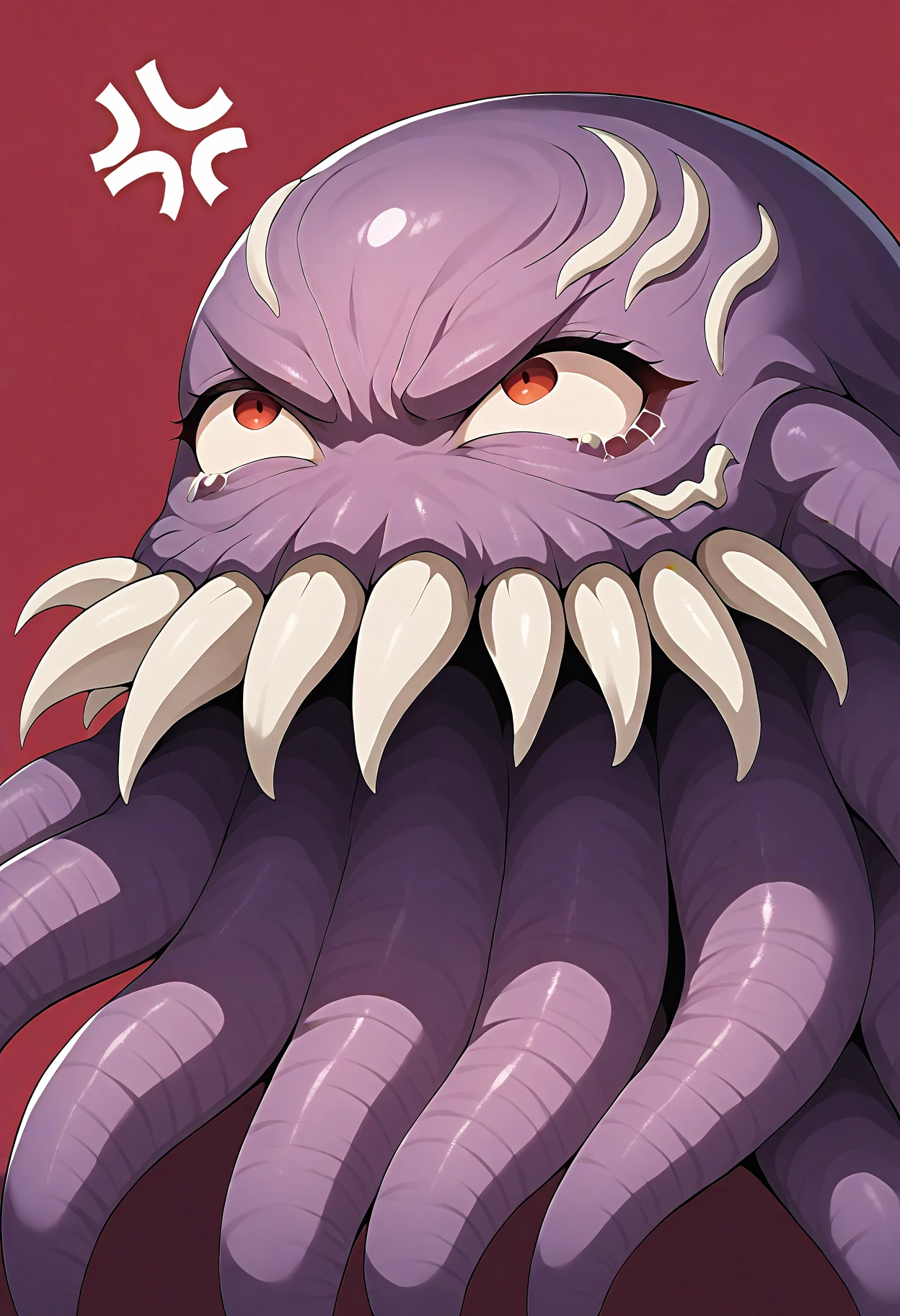 masterpiece, best quality, amazing quality, very aesthetic, absurdres, newest, ultros, monster, solo, no humans, angry, anger vein, close up, portrait, red background