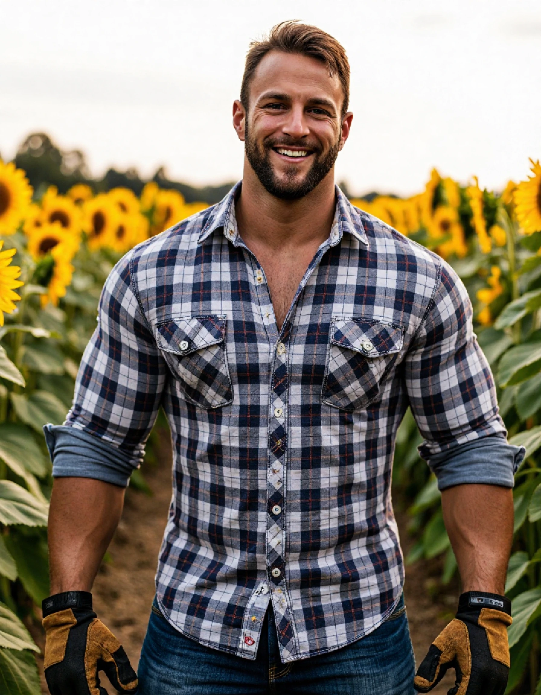 ericjanicki a man standing on a ranch. he is handsome. he is muscular. he is a bodybuilder. he is wearing a plaid button up with rolled up sleeves. he is wearing blue jeans. he is wearing work gloves. he is foward. he is looking straight ahead. he is smiling. he is standing in front of field of sunflowers. it is daytime.