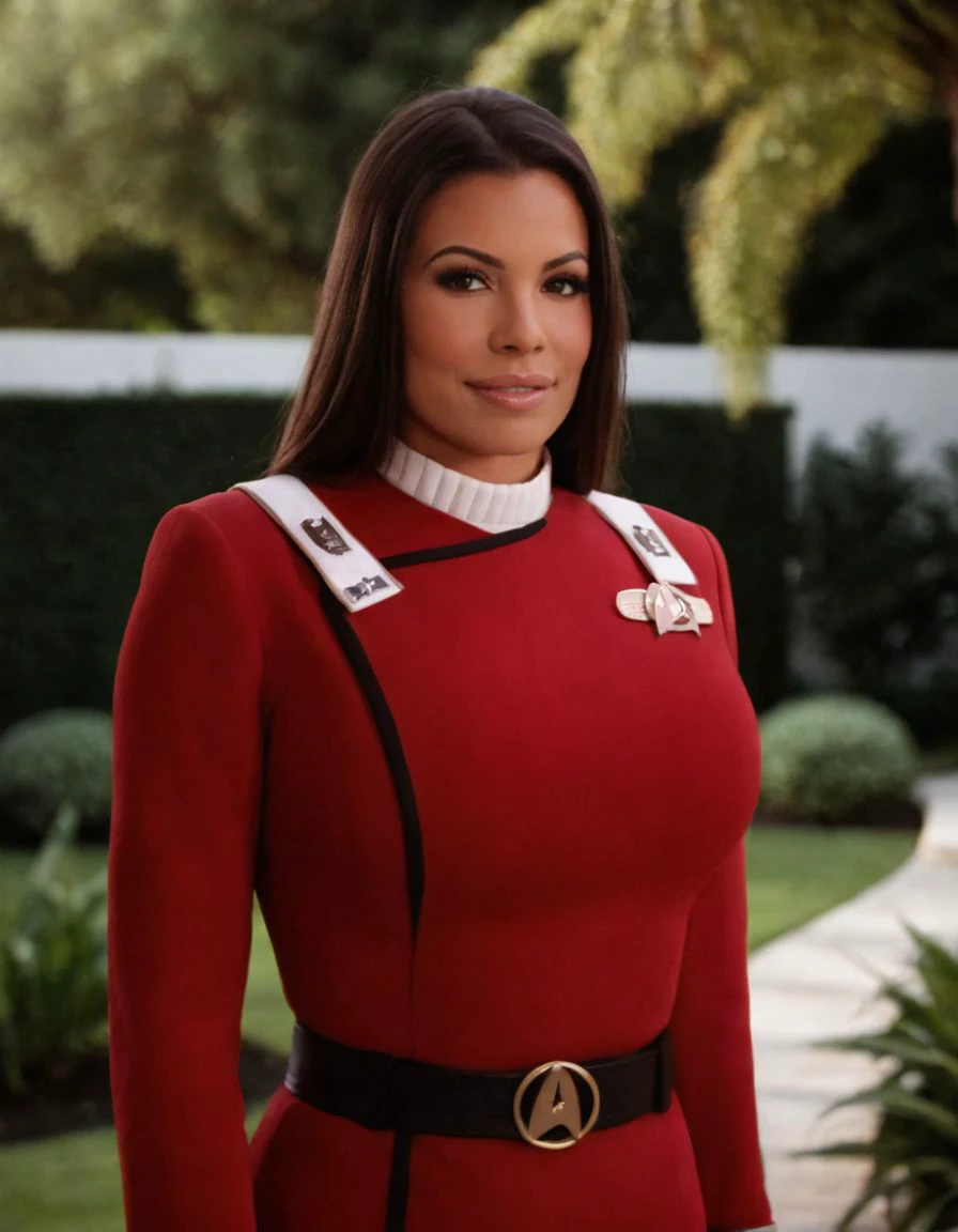 cinematic film still solo, detailed skin texture, 1girl, long brown hair, makeup, parted lips, busty, <lora:TWOKXL:0.8> wearing a twokunf, star trek red uniform, long sleeves, white collar, black belt, black pants, garden background, looking at viewer, <lora:add-detail-xl:1>, <lora:LunaStar_SDXL_v2-000005:0.6> , smile . shallow depth of field, vignette, highly detailed, high budget, bokeh, cinemascope, moody, epic, gorgeous, film grain, grainy