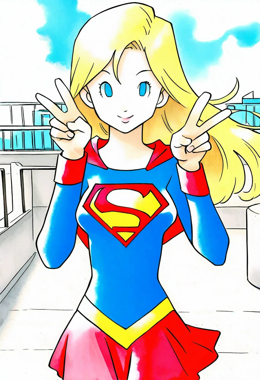 ict style,watercolor \(medium\), 1girl,supergirl, red skirt,superman logo, cowboy shot,peace sign,v,outdoors, rooftop,day,red arm guards,masterpiece, best quality, amazing quality, very aesthetic, absurdres <lora:KenSugimoriIllus:1.2>
