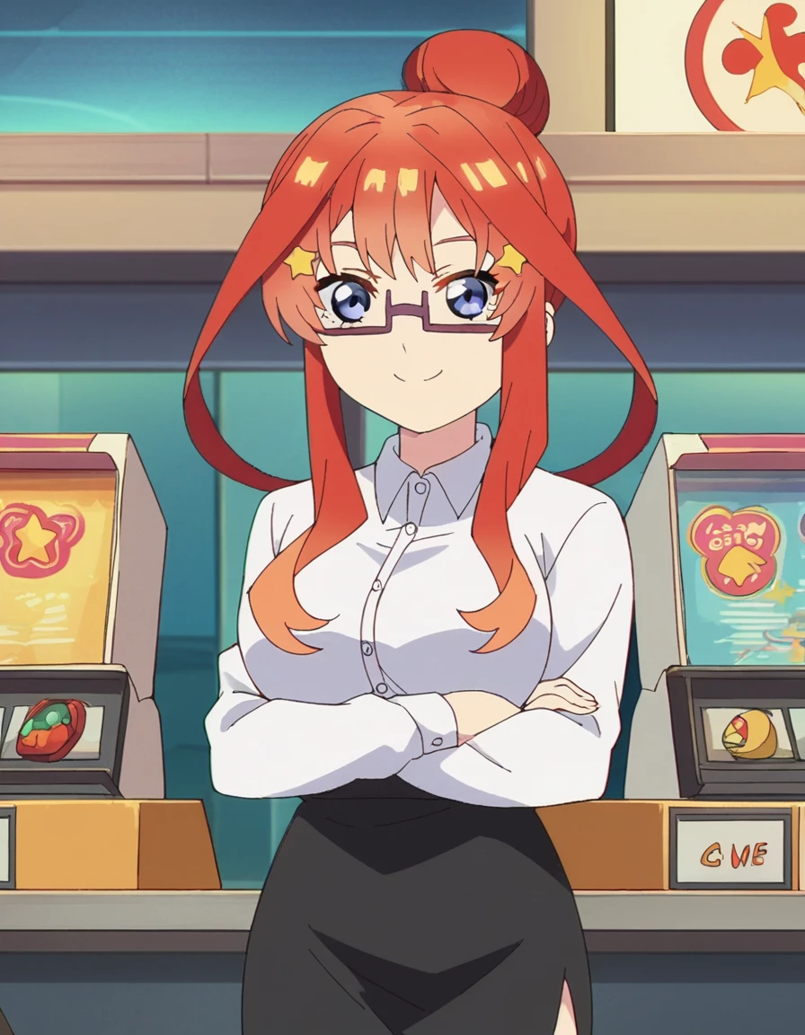 score_9, score_8_up, score_7_up, source_anime, <lora:itsuki-nakano-honeymoon-ponyxl-lora-nochekaiser:1>, itsuki nakano, long hair, blue eyes, hair ornament, red hair, glasses, hair bun, star (symbol), semi-rimless eyewear, under-rim eyewear, star hair ornament, large breasts, anime screencap, skirt, shirt, long sleeves, white shirt, pencil skirt, office lady, black skirt, side slit, arcade, games, lights, fun, retro, smile, crossed arms, smug, looking at viewer, solo,, cowboy shot