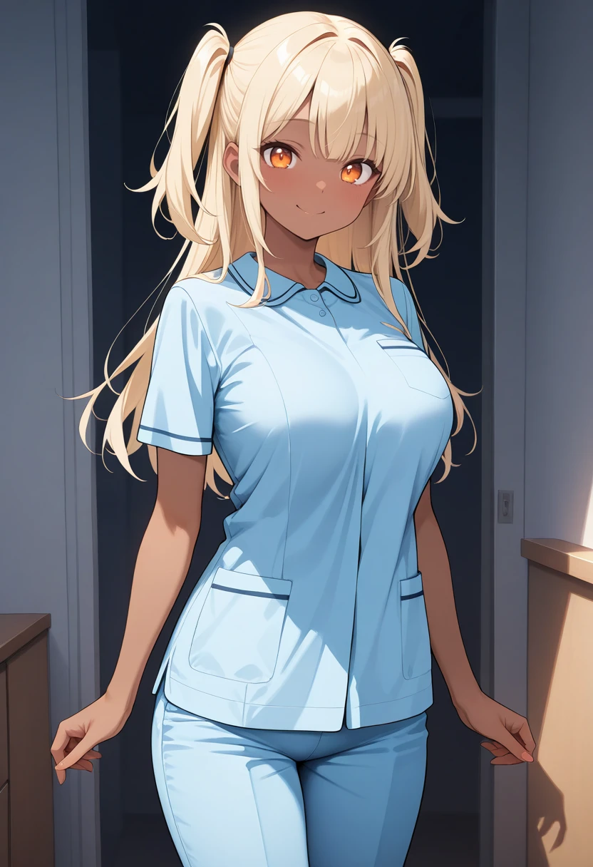 masterpiece,best quality,amazing quality, very aesthetic, ((outlined outlined vector graphics)), cute face, (glow eyes:0.8), front view , looking at viewer , looking at viewer, cowboy shot,
1girl,20yo,
18yo, large breast, orange eyes, (blonde hair:1.3),long hair, (two side up:1.1), (dark skin:1.6), dark skin girl, (tall:1.2), (abs:0.7),bangs
,
blue clothes, (focus female), smile, solo, nurse, nurse-modern-uniform, shirt, pants, smile , bare head <lora:nurse-modern-il-01:1>