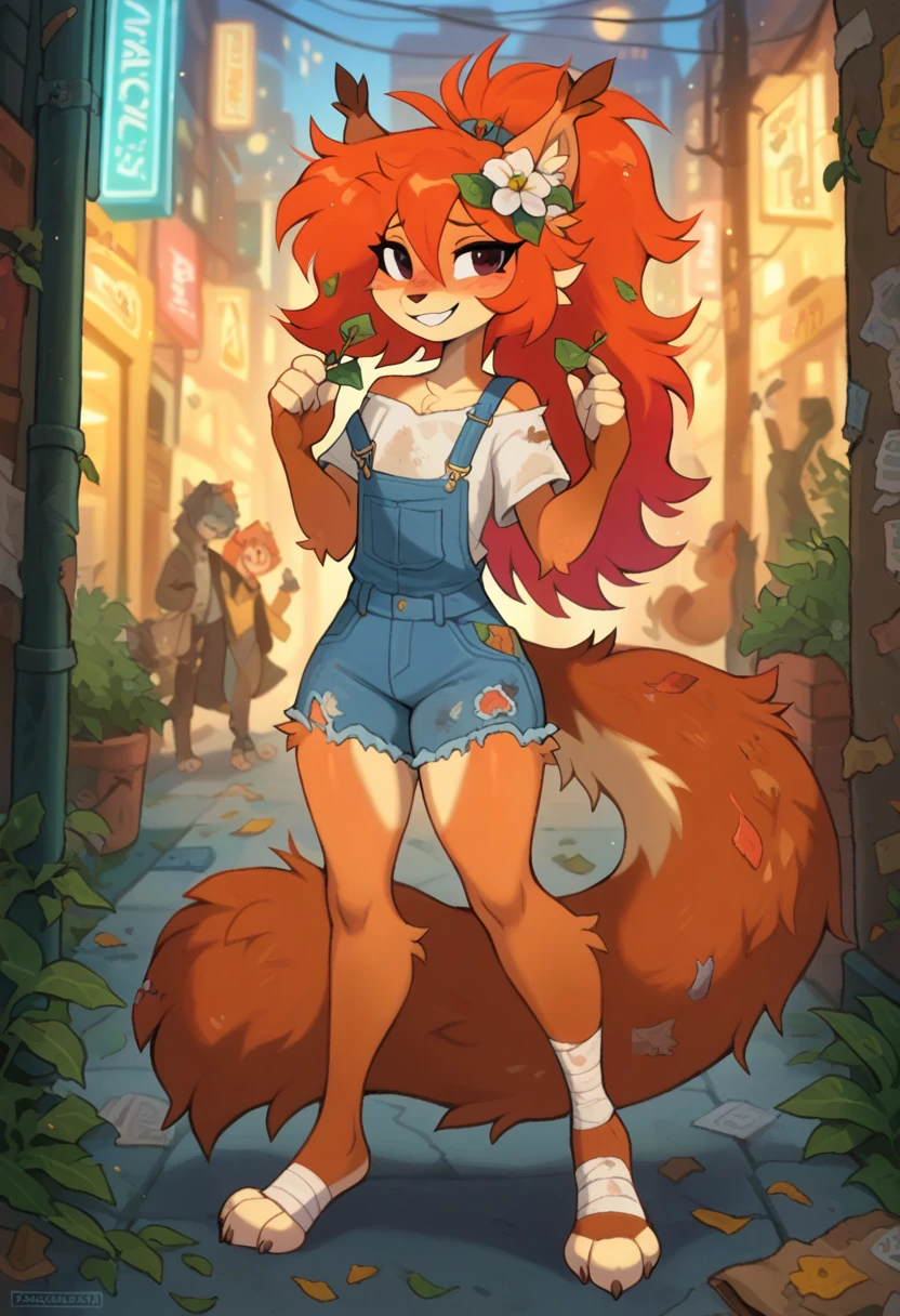 1girl, waspsalad, holly waspsalad,

homeless canine anthro looking hopeful begging for food, standing in a city street,
canid, canine, eurasian red squirrel, mammal, rodent, sciurid, tree squirrel, 3 toes, accessory, anthro, bandage, bandaged foot, barefoot, begging, clothed, clothing, duo, ear tuft, feet, female, flower, flower in hair, fluffy, fluffy tail, foot wraps, hair, hair accessory, homeless, leaves in hair, messy hair, patch fabric, paws, plant, pleading eyes, ragged clothing, smile, solo, tail, toes, tuft, wraps, digital media artwork, hi res, multiple images, safe,masterpiece, best quality, amazing quality, very aesthetic, absurdres,  newest, (scenery, volumetric lighting)