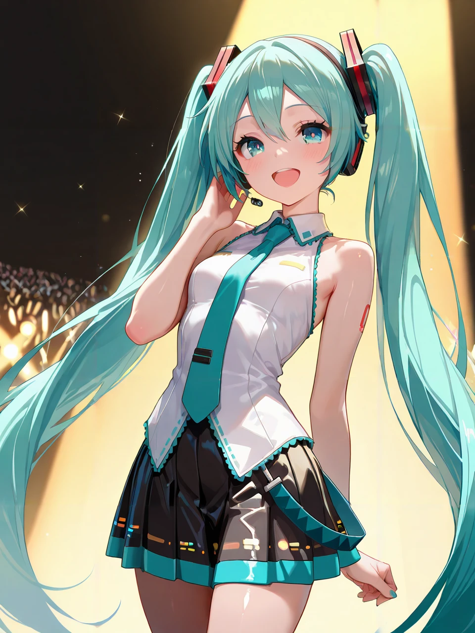 masterpiece,amazing quality,best quality,ultra-detailed,8K,illustration,CG,shiny hair,clear skin,ultra-detailed-eyes,simple background,cute girl, eyelashes <lora:long twintail_illustrious_V1.0:1> twintails, very long hair,hatsune miku,thighighs,necktie,skirt,sleeveless,live,song,singing,concert,headphone,spotlight