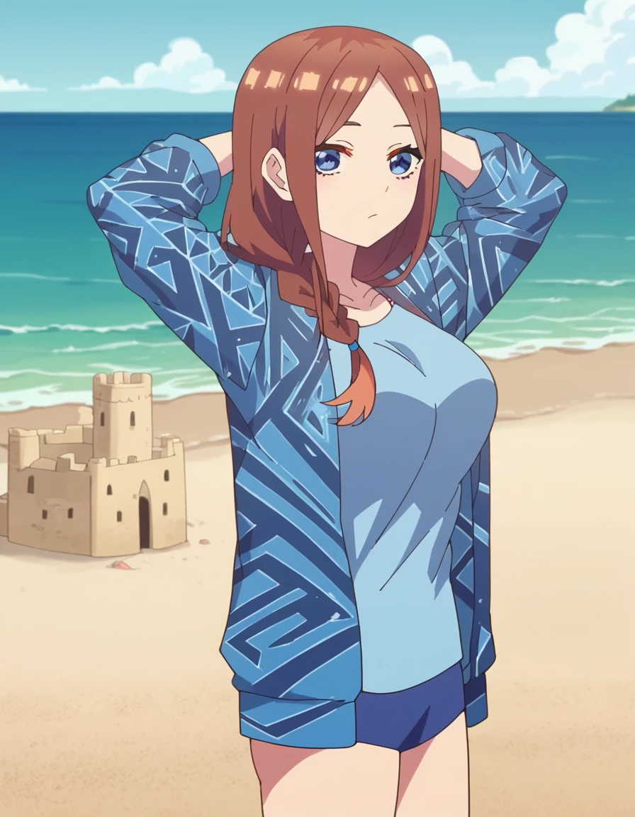 score_9, score_8_up, score_7_up, source_anime, <lora:miku-nakano-honeymoon-ponyxl-lora-nochekaiser:1>, miku nakano, long hair, bangs, brown hair, blue eyes, braid, parted bangs, single braid, hair over shoulder, large breasts, anime screencap, shirt, jacket, open clothes, blue shirt, blue jacket, print jacket, beach, sand castle, swimsuit, summer vacation, ocean wave, hands behind head, , from side, looking at viewer, solo,, cowboy shot