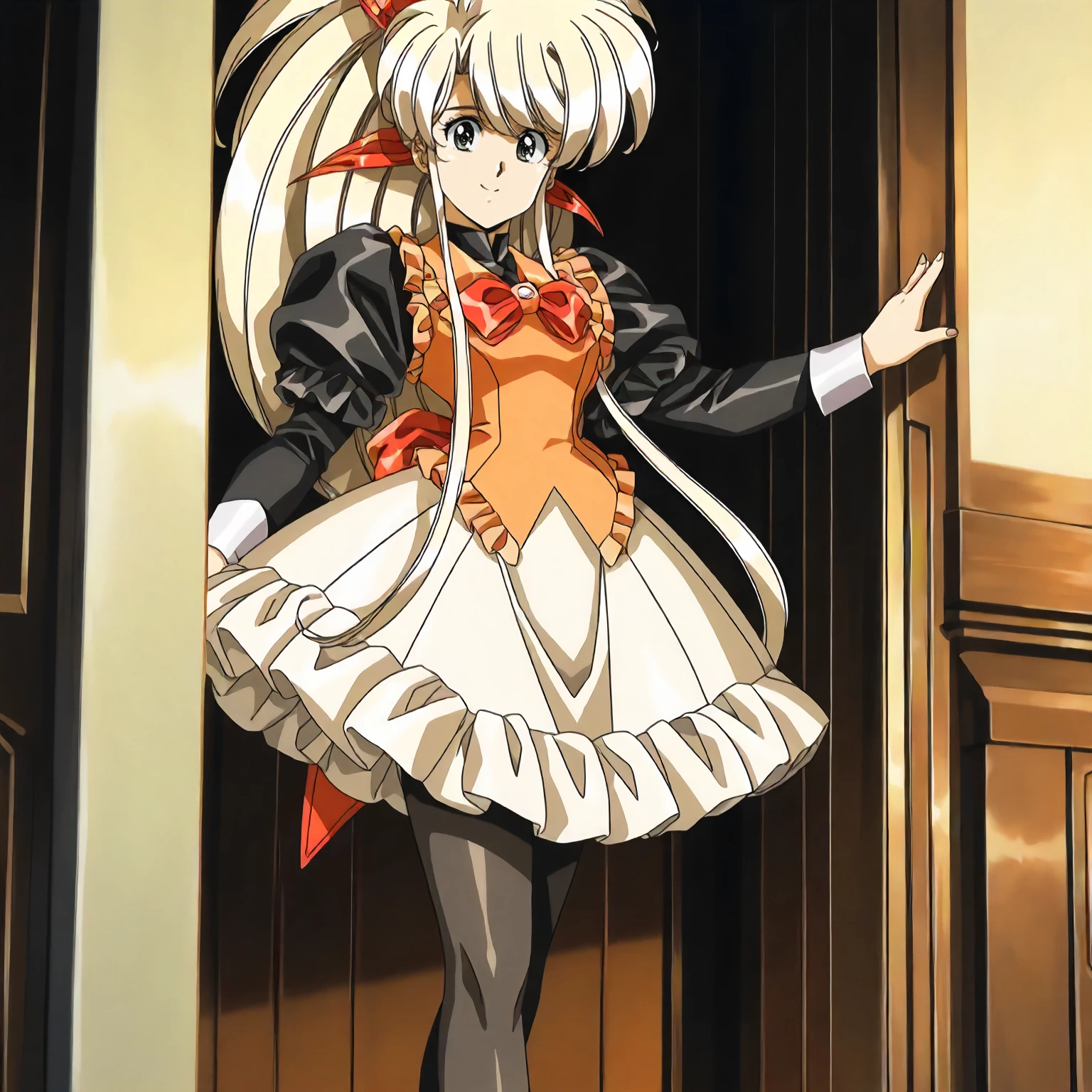 <lora:FI_fayeXLIllustrious002>,
masterpiece,best quality,good quality,newest,
detailed background,
smile,
looking at viewer,
solo,
anime coloring,retro artstyle,
faye\(front_innocent\),1girl,blonde hair,high ponytail,red hairbow,very long sidelocks,green eyes,
frilled_dress,orange vest,bowtie,frilled vest,puffy_sleeves,black sleeves,long sleeves,white cuffs,
white skirt,frill trim skirt,
black_pantyhose,
standing,