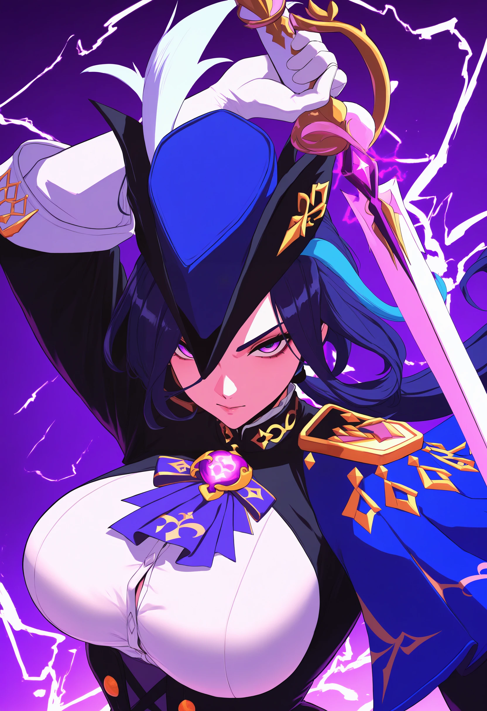 masterpiece, best quality, newest, absurdres, highres, 1girl, clrnddf, purple eyes, long hair, low ponytail, large breasts, jewelry, hat feather, blue headwear, epaulettes, tricorne, white shirt, purple ascot, framed breasts, blue cape, corset, white gloves, elbow gloves, <lora:Clorinde_illusXLNoobAI_Incrs_v1-000012:1>, 
holding weapon, holding sword, looking at viewer, upper body, electricity, arm up, reverse grip, crossover, sword across chest,