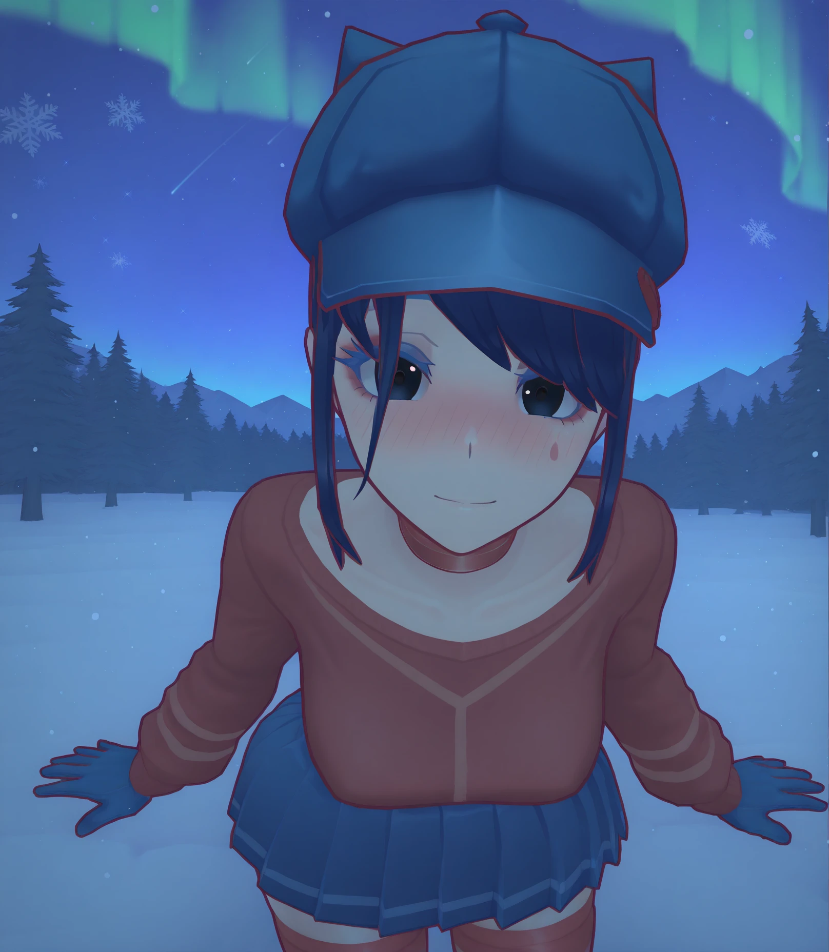 highres, hi res, best quality, masterpiece, 2d, intricate details, 4k, anime coloring, shadow, uncensored,
1girl, solo, female, eyelashes, nose, nose blush, short hair, hat, blue hair, black eyes, makeup, blue headwear, cabbie hat, bangs, black hair, makeup, choker,
skirt, shirt, thighhighs, gloves, long sleeves, pleated skirt, blue skirt, zettai ryouiki, red shirt, blue footwear, red thighhighs, sweater,
cowboy shot, looking at viewer, leaning forward,
depth of field, outdoors, sky, night, night sky, northern lights, aurora, stars, shooting stars, scenery, snow, snowing, snowflakes, field, fir-tree, forest, <lora:Cap_Wearind_Mita_ILXL:1>