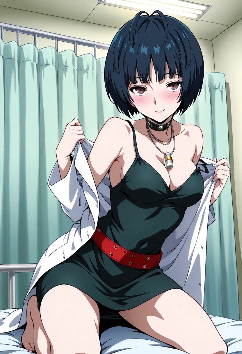 1 girl, solo, cute face,
p5tae, tae takemi, short hair,
labcoat, necklace, choker, studded collar, short dress, dark green dress, medium breasts, cleavage, red belt,
undressing, kneeling, riding, on top, bare shoulder, blushing,
infirmary, hospital room, looking at viewer, smile, seductive, bedroom eyes, half closed eyes,
masterpiece, best quality, ultra detailed,