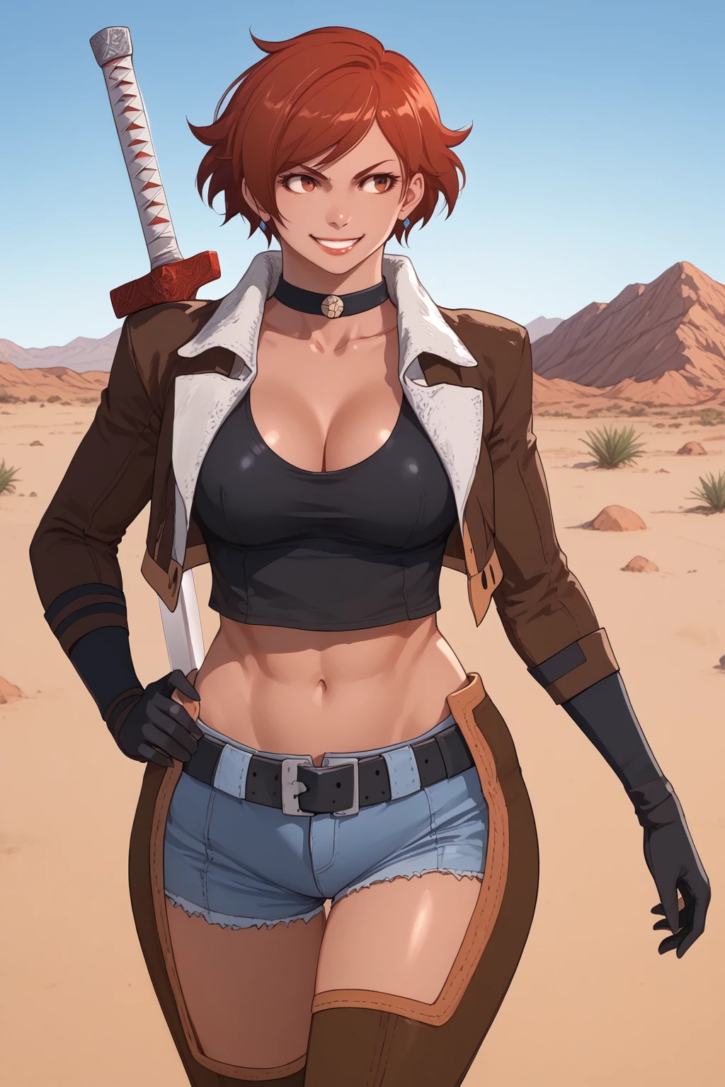 score_9, score_8_up, score_7_up, masterpiece, high quality, extreme detail, absurdres, (detailed skin texture) BREAK
 <lora:Miru TinaPonyLora:1>miru, short hair, collar, jacket, crop top, long sleeves, gloves, denim shorts, belt, chaps,weapon, sword on back, grin, desert