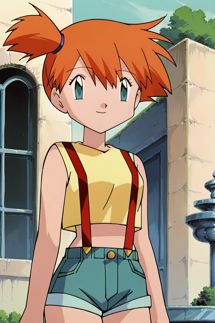 score_9,score_8_up, score_7_up, BREAK ict style,retro artstyle,1girl, solo,misty \(pokemon\), orange hair, short hair, side ponytail, blue eyes, suspenders, yellow crop top, sleeveless, denim shorts, cowboy shot,european architecture, fountain, stone floor, smile, window,building <lora:PokeMoviesPony:1>