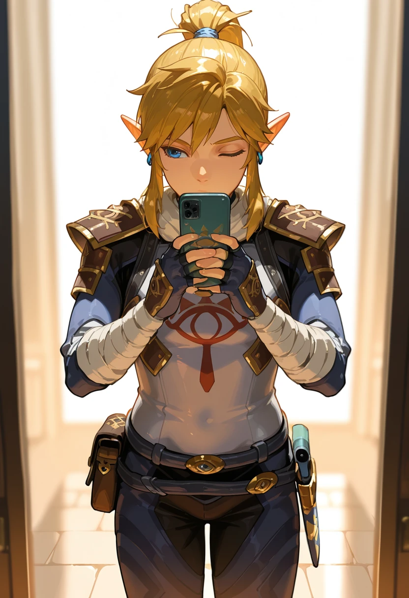 masterpiece, best quality,absurdres, ultra-detailed, high resolution,

link, solo, 1boy, male focus, gloves, phone, fingerless gloves, cellphone, armor, one eye closed, bandages, holding, ponytail, shoulder armor, smartphone