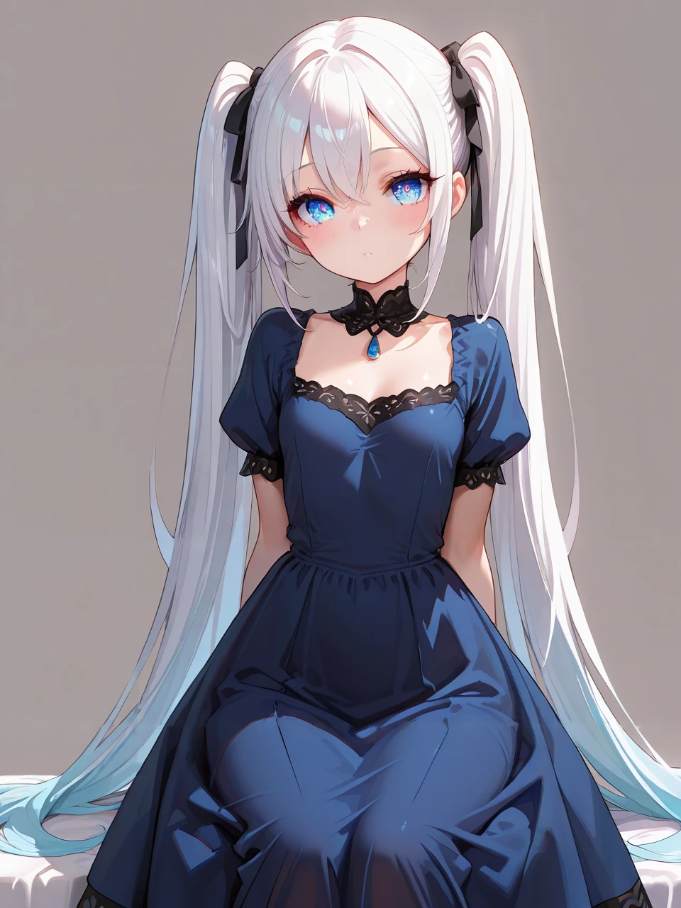 masterpiece,amazing quality,best quality,ultra-detailed,8K,illustration,CG,shiny hair,clear skin,ultra-detailed-eyes,simple background,cute girl, eyelashes <lora:long twintail_illustrious_V1.0:1> twintails, very long hair,dress