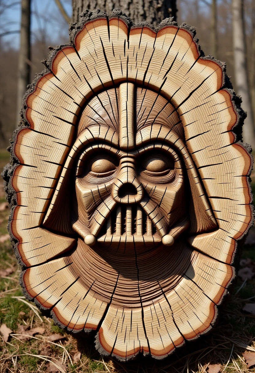 <lora:Tree_Ring_Trunkator_FLUX:0.8>
The image is a photograph showcasing a detailed wooden carving of darth vader, crafted from a tree trunk.