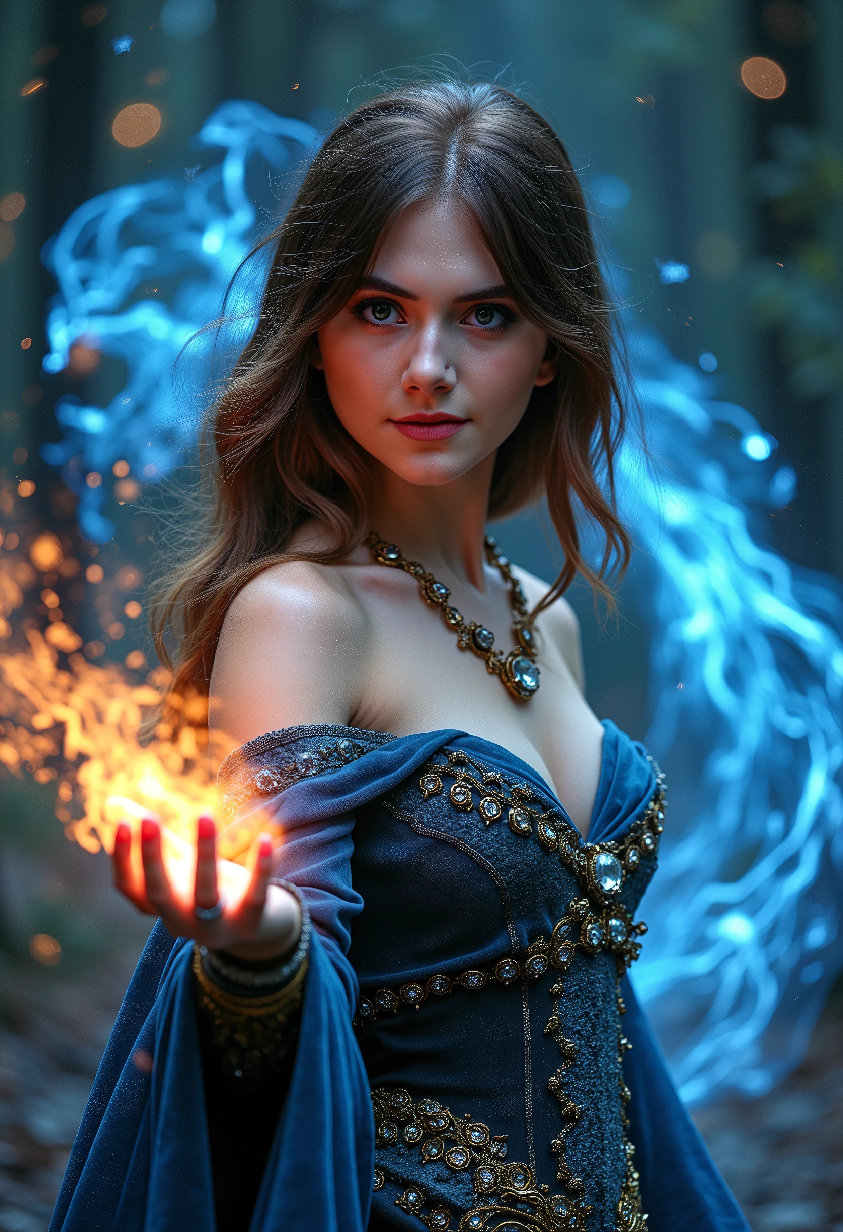 ((high resolution)), pale skin, freckled, brunette 13 year old girl, ((small breasts)), long curly hair, as a fantasy sorceress, casting spells