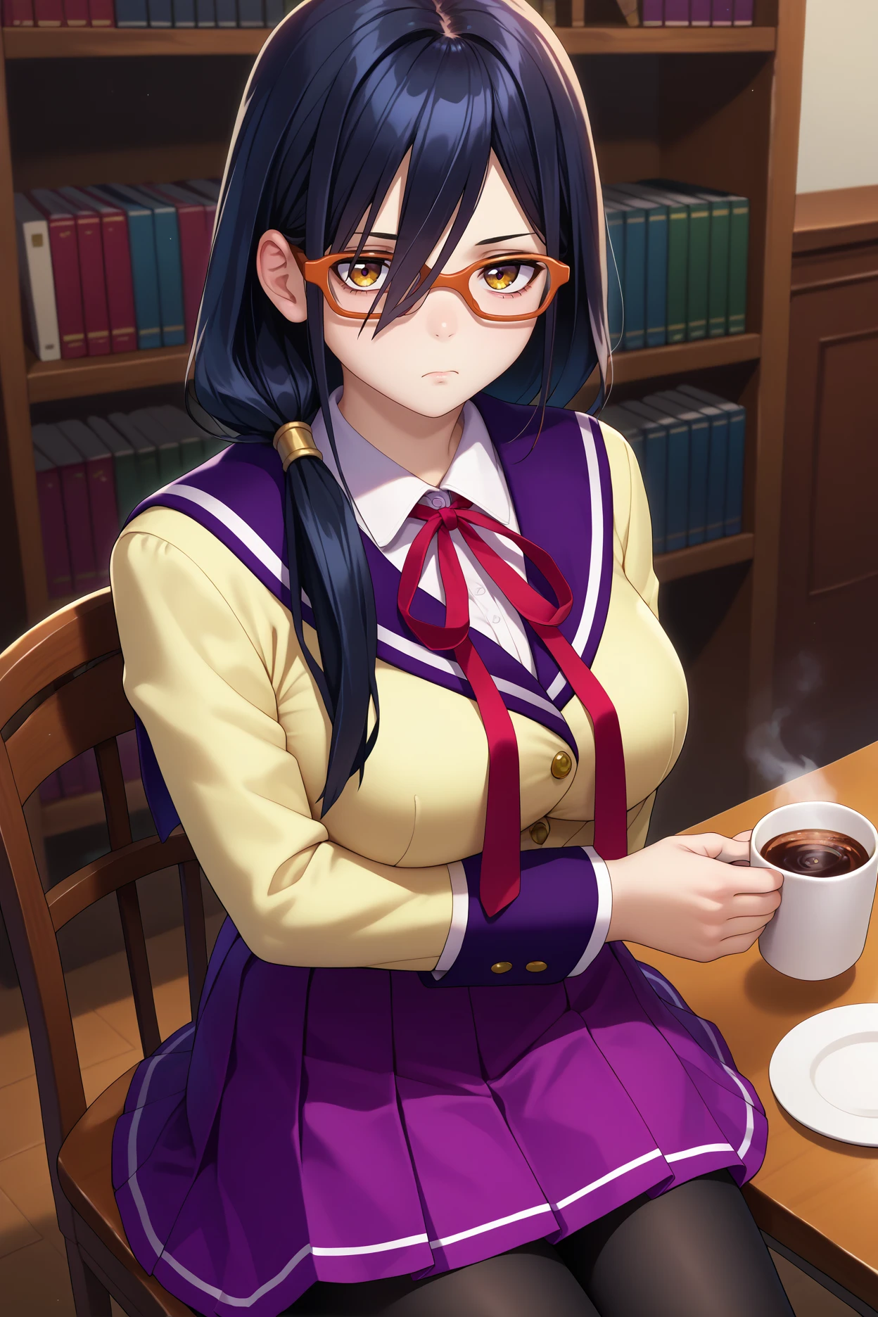 score_9, score_8_up, score_7_up, score_6_up, source_anime, 1girl, solo, <lora:kouenjimiko-pdxl-nvwls-v1-000006:1> kouenjim, black hair, hair over shoulder, long hair, glasses, red-framed eyewear, large breasts, yellow blazer, purple sailor collar, collared shirt, neck ribbon, purple skirt, black pantyhose, sitting, bookshelf, chair, table, looking at you, holding cup of coffee, steam, bored
