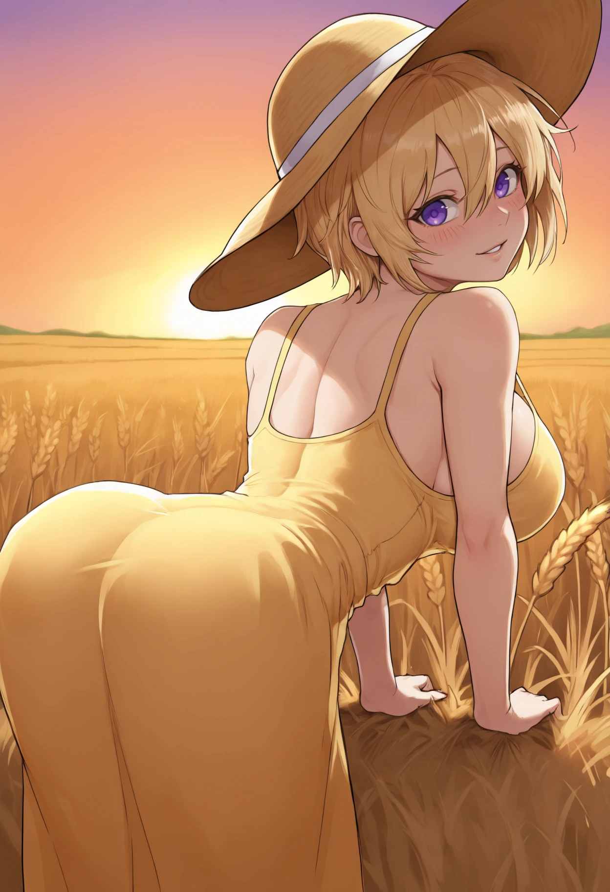 1 girl， (((raised high huge round buttocks))), Wide  A sunflower field in full bloom，Back view of a woman in Translucent white thong (underwear),long shot,wide view, commercial photography，award-winning photograph，(photorealistic),unity 8k wallpaper,(ultra detailed:1.3),(light_on_face:1.4)，CanonEOS 5D MarkIV DSLR