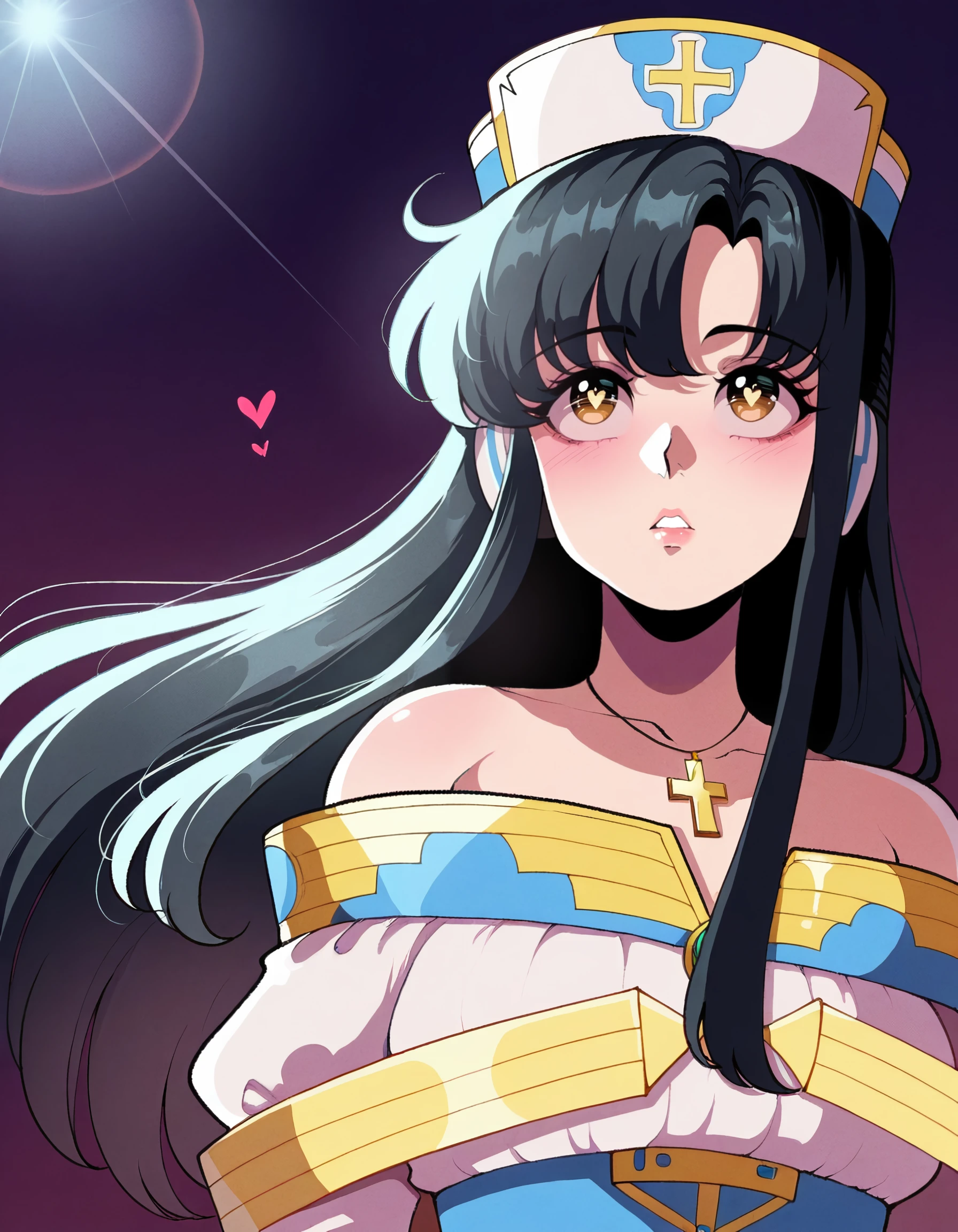 <lora:kaori_shirasaki_il:1> rating:safe, kaori_shirasaki, long_hair, black_hair, hat, brown_eyes, yellow_eyes, jewelry, necklace, long_sleeves, off_shoulder, robe, cross lens_flare, floating_hair, floating_clothes,, (nyantcha:1.1), (1980s_\(style\)), 1girl, @_@, bare_shoulders, blush, dark_background, expressionless, headphones, heart, parted_lips, solo, yume_kawaii, masterpiece, detailed, best_quality